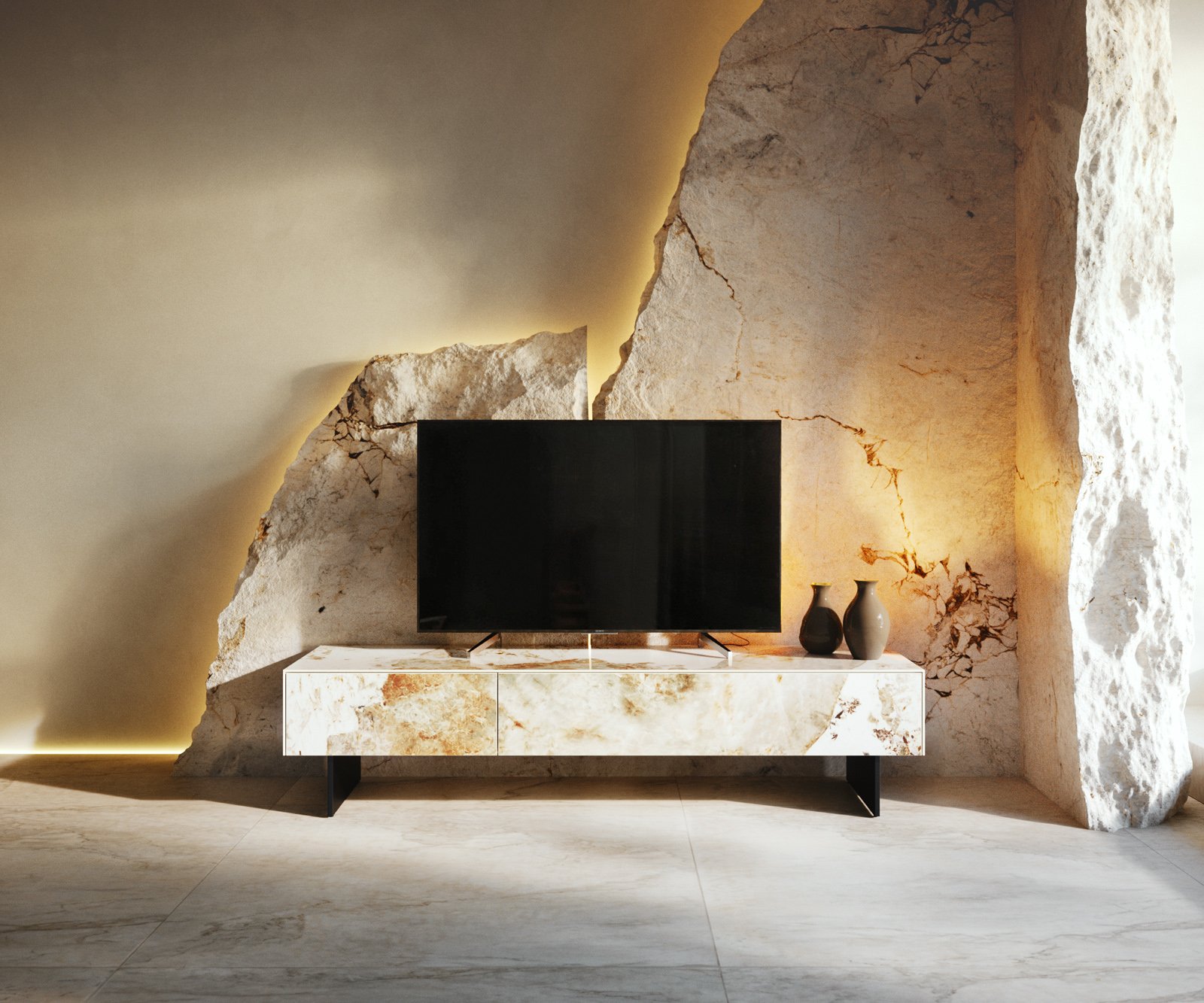 TV stolek Cuor 150 cm keramika Minas Melange bílá béžová 1 výklopná dvířka 1 zásuvka podnož závěsná kov černá