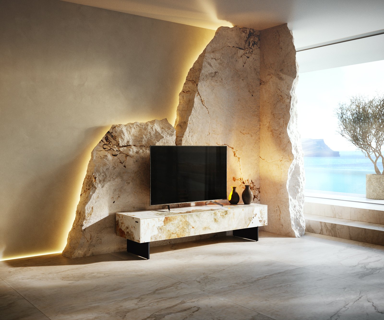 TV stolek Cuor 150 cm keramika Minas Melange bílá béžová 1 výklopná dvířka 1 zásuvka podnož závěsná kov černá - Obrázek 2