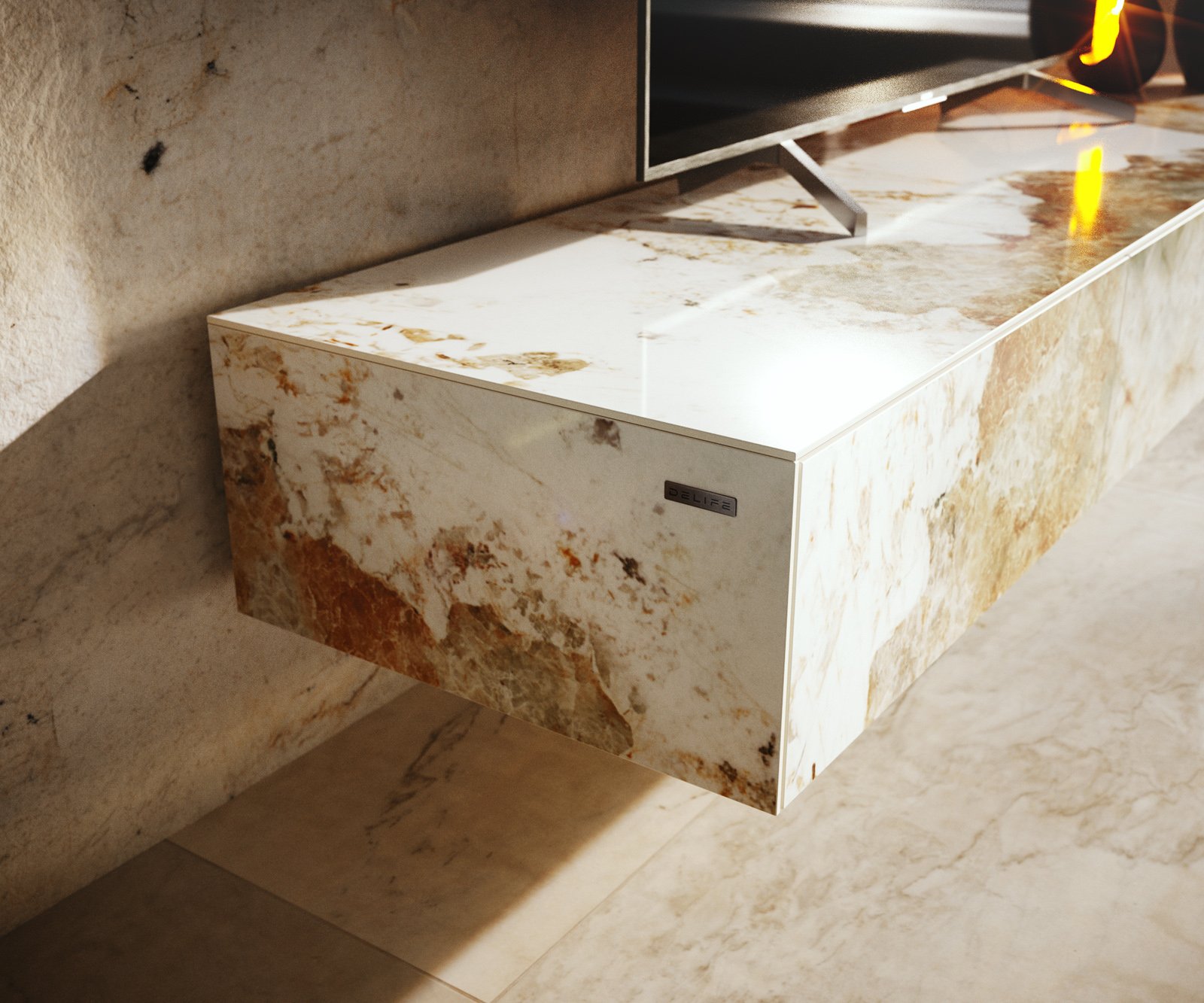 TV stolek Cuor 150 cm keramika Minas Melange bílá béžová 1 výklopná dvířka 1 zásuvka podnož závěsná kov černá - Obrázek 7