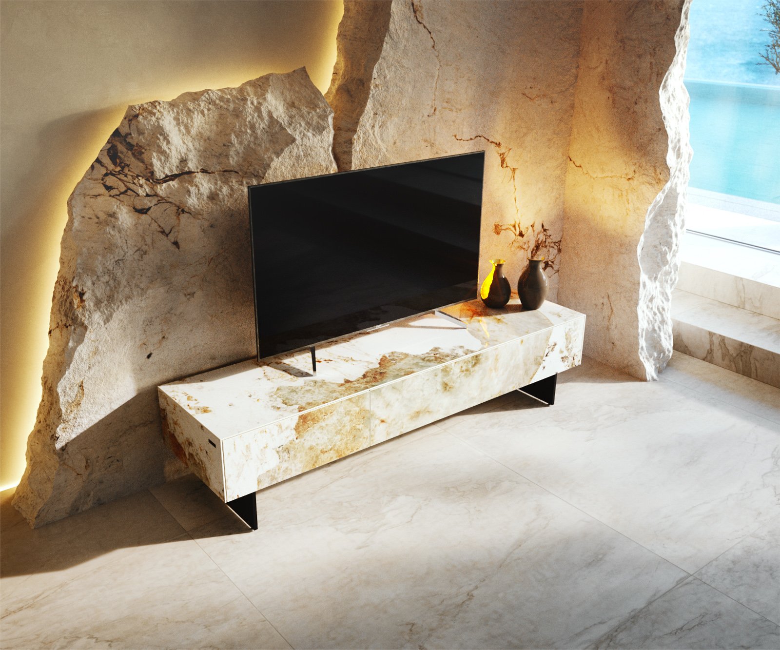 TV stolek Cuor 150 cm keramika Minas Melange bílá béžová 1 výklopná dvířka 1 zásuvka podnož závěsná kov černá - Obrázek 4