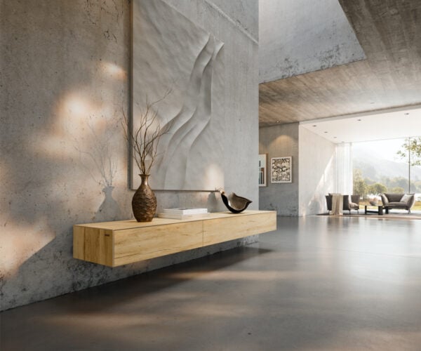 TV stolek Cuor 200 cm keramika Laminam® Sabbia dubová 1 výklopná dvířka 1 zásuvka závěsný