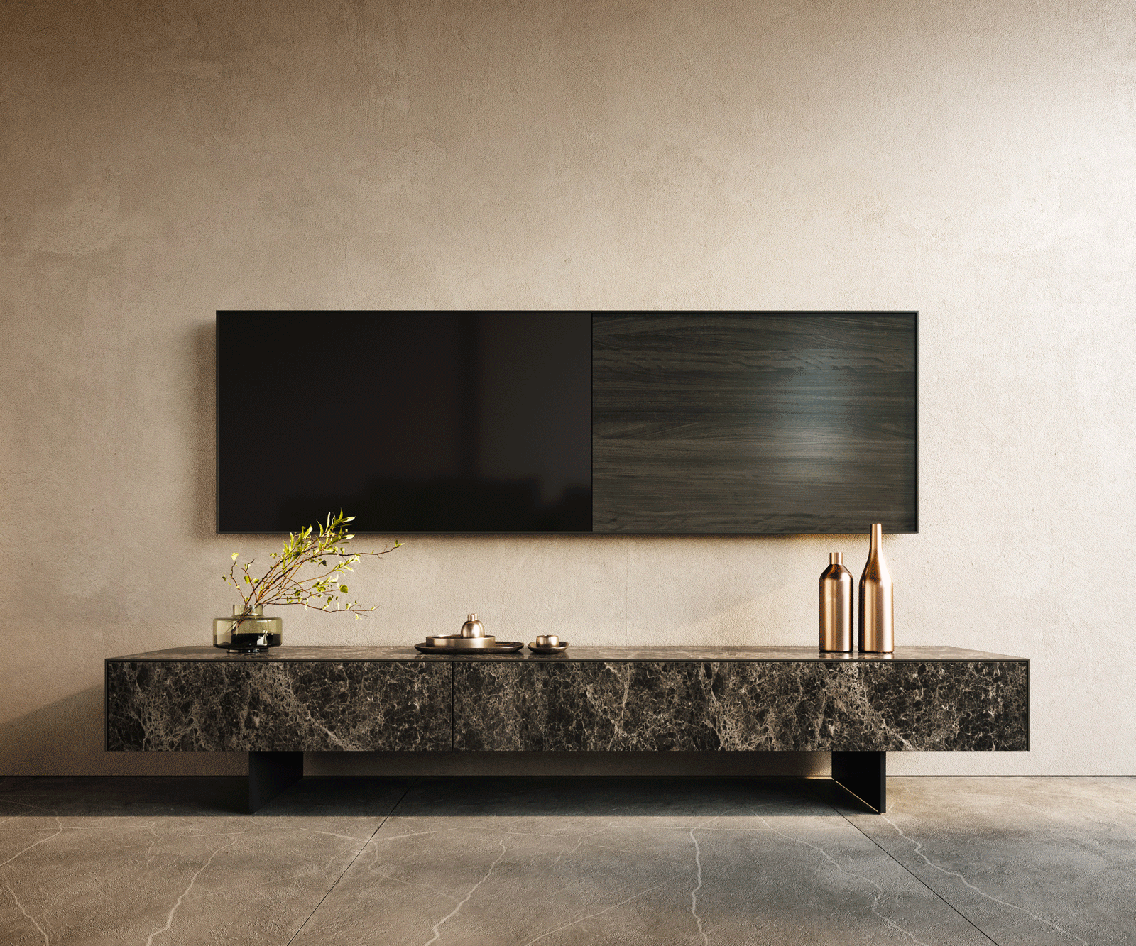 TV stolek Cuor 200 cm keramika Laminam® Emperador Extra Lucidato tmavě hnědá 1 výklopná dvířka 1 zásuvka podnož závěsná kov černá - Obrázek 2