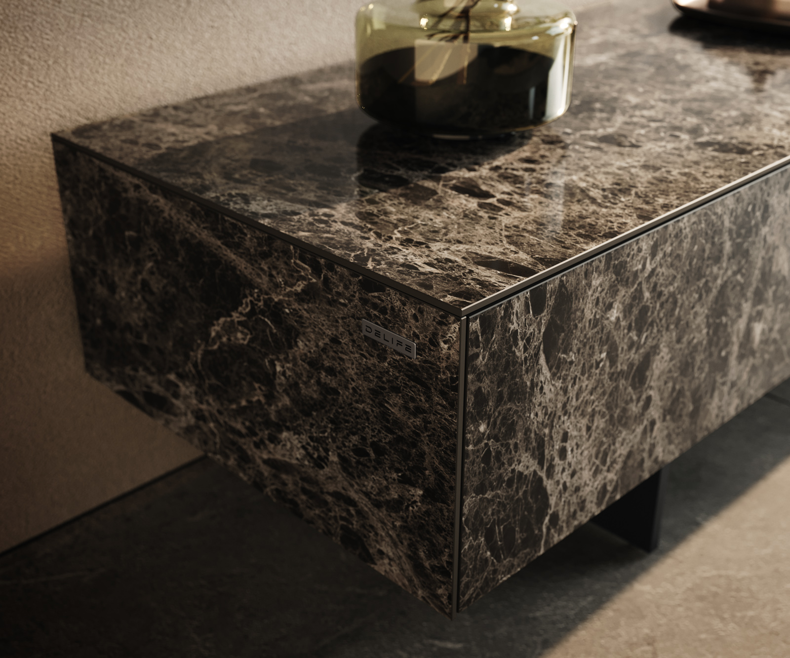 TV stolek Cuor 200 cm keramika Laminam® Emperador Extra Lucidato tmavě hnědá 1 výklopná dvířka 1 zásuvka podnož závěsná kov černá - Obrázek 6