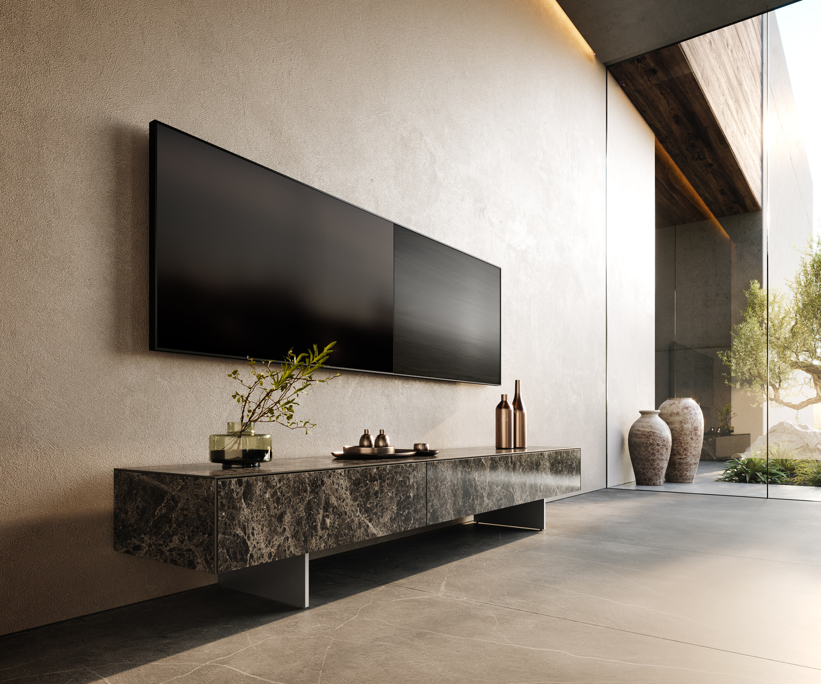 TV stolek Cuor 200 cm keramika Laminam® Emperador Extra Lucidato tmavě hnědá 1 výklopná dvířka 1 zásuvka podnož závěsná nerezová ocel