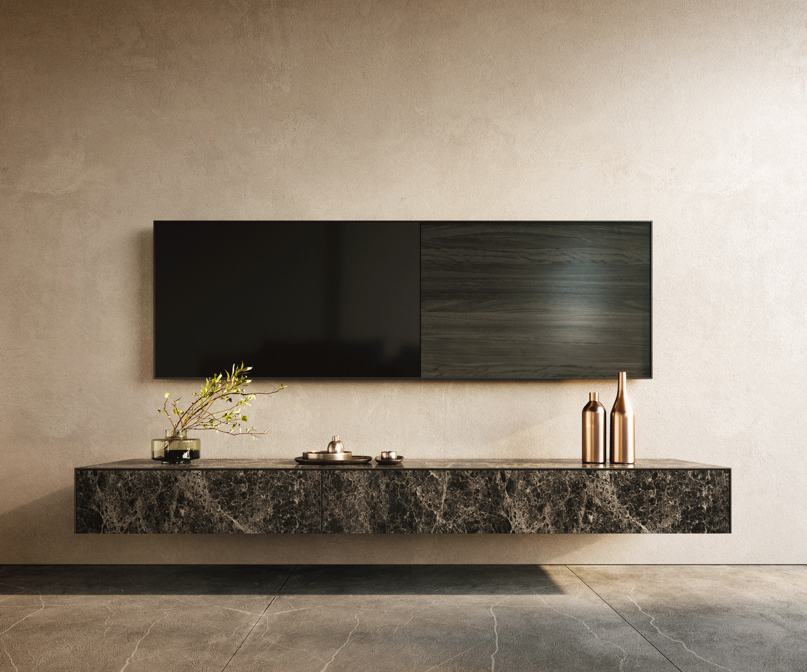 TV stolek Cuor 200 cm keramika Emperador Extra Lucidato tmavě hnědá závěsné 1 výklopná dvířka 1 zásuvka - Obrázek 2