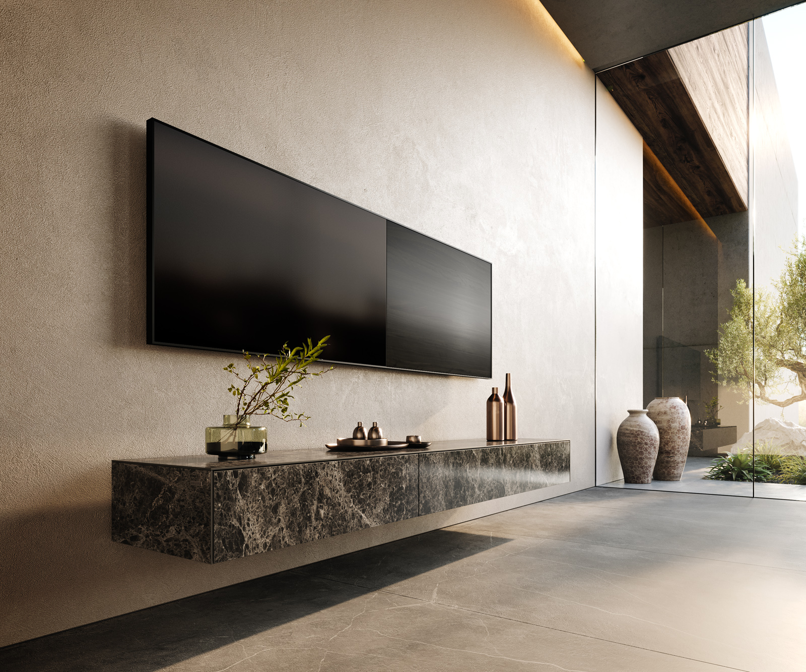 TV stolek Cuor 200 cm keramika Emperador Extra Lucidato tmavě hnědá závěsné 1 výklopná dvířka 1 zásuvka