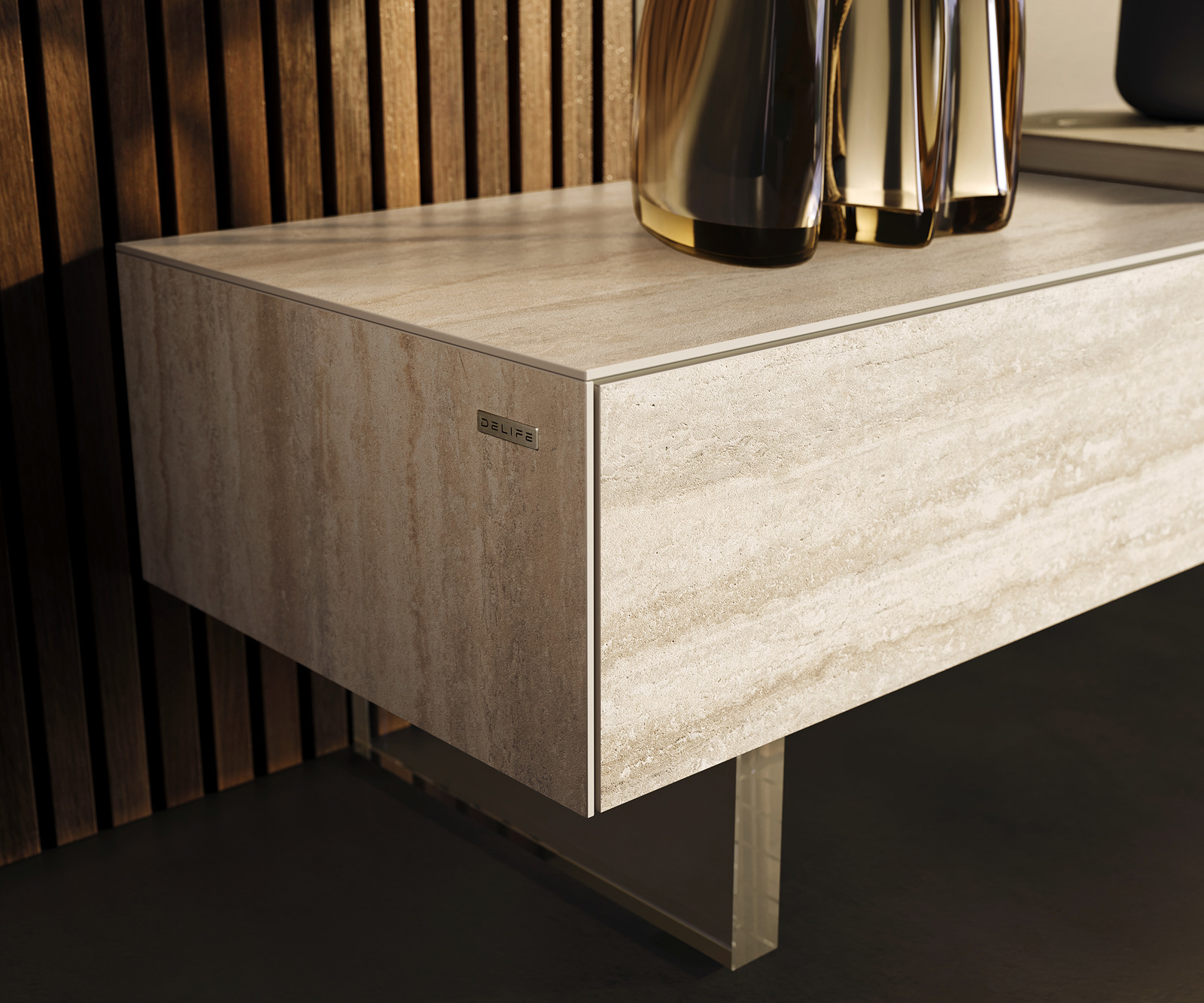 TV stolek Cuor 200 cm keramika Laminam® Travertino Bianco krémově bílá 1 výklopná dvířka 1 zásuvka podnož závěsná akrylglas - Obrázek 6