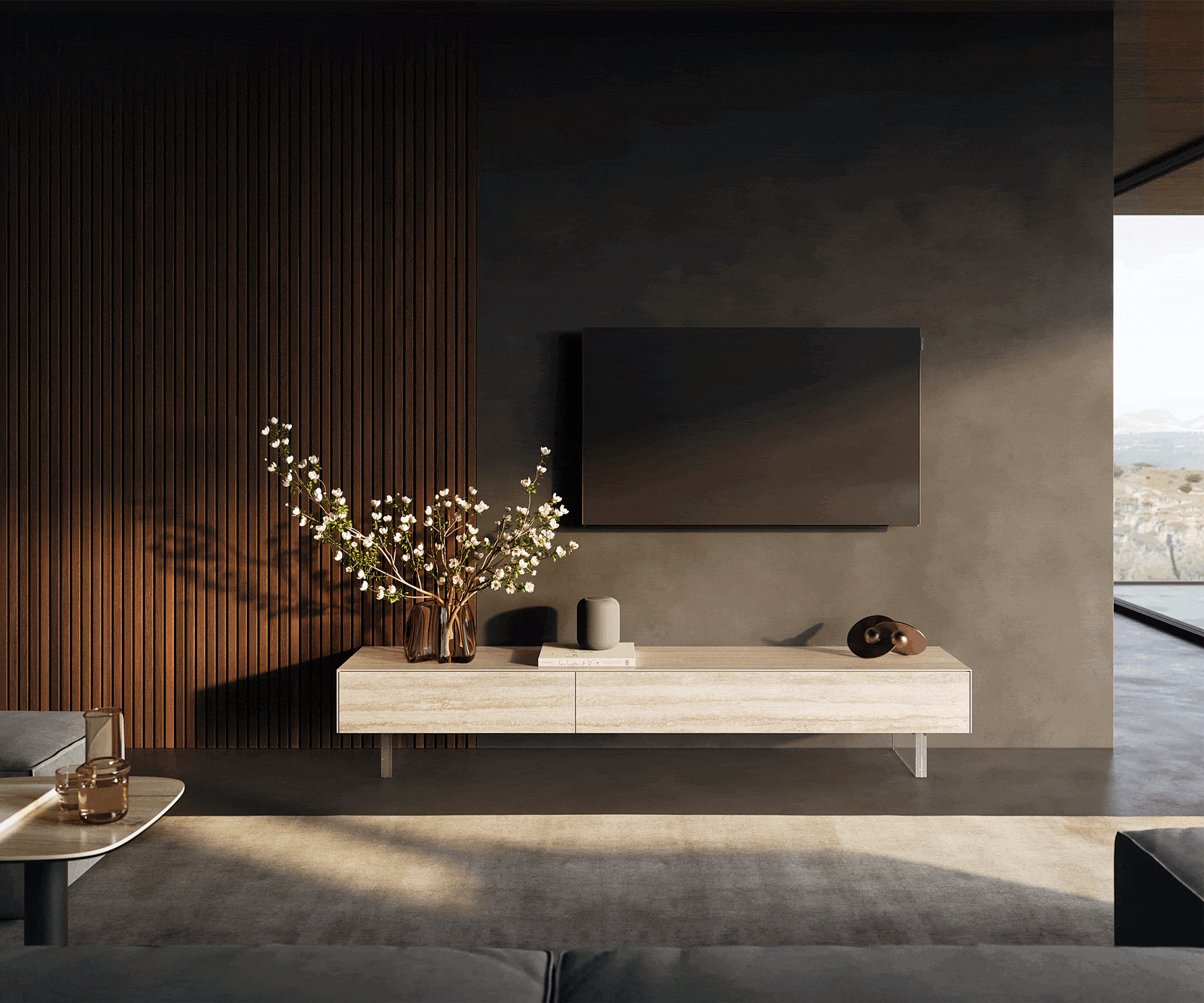 TV stolek Cuor 200 cm keramika Laminam® Travertino Bianco krémově bílá 1 výklopná dvířka 1 zásuvka podnož závěsná akrylglas - Obrázek 2