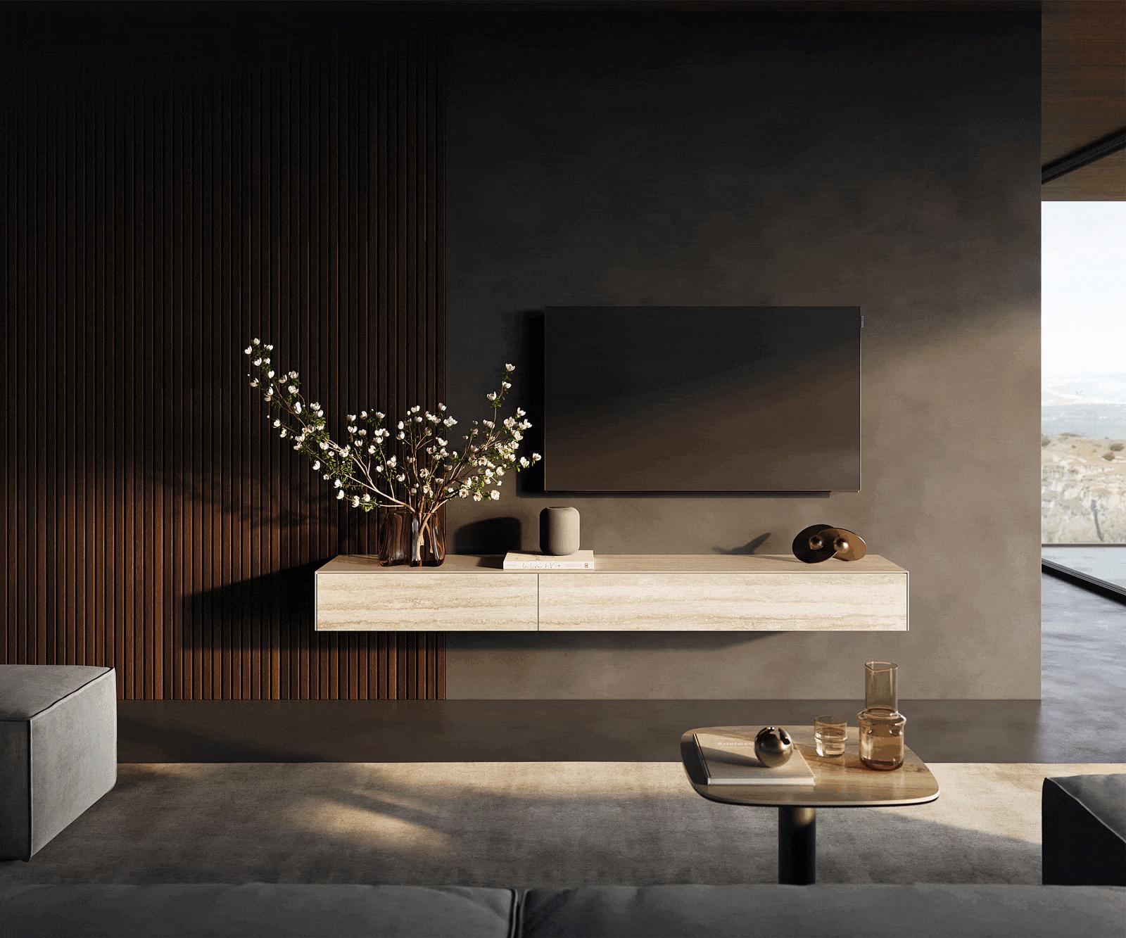 TV stolek Cuor 200 cm keramika Laminam® Travertino Bianco krémově bílá 1 výklopná dvířka 1 zásuvka závěsný - Obrázek 2