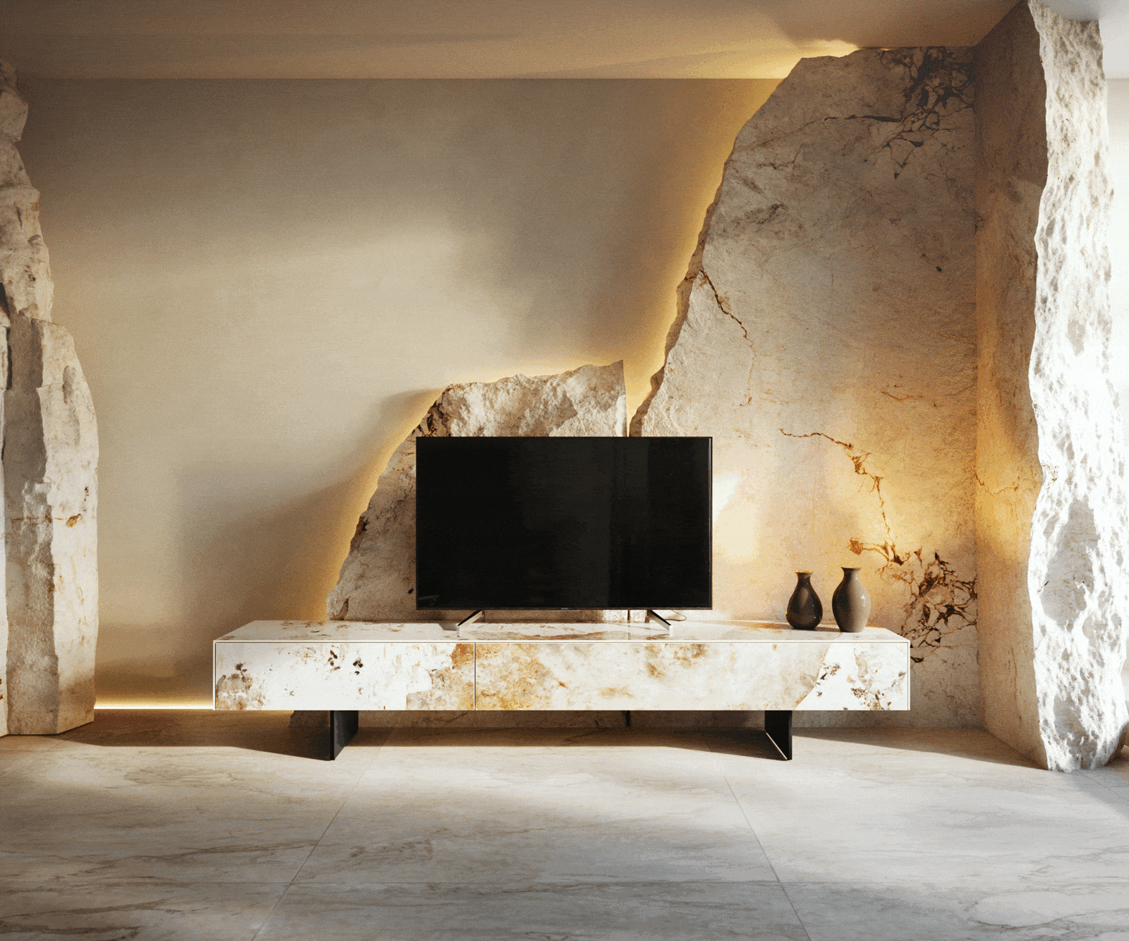 TV stolek Cuor 200 cm keramika Minas Melange bílá béžová 1 výklopná dvířka 1 zásuvka podnož závěsná kov černá - Obrázek 6