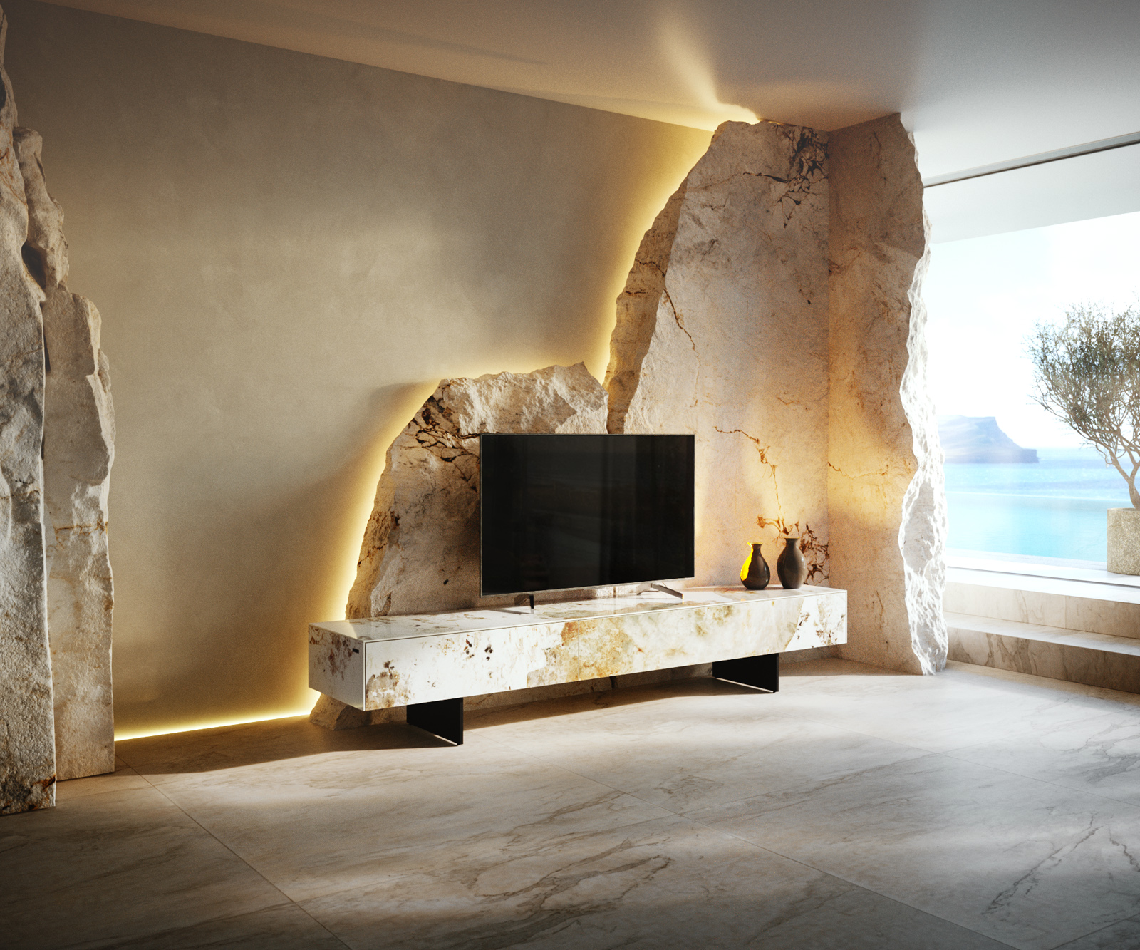 TV stolek Cuor 200 cm keramika Minas Melange bílá béžová 1 výklopná dvířka 1 zásuvka podnož závěsná kov černá - Obrázek 2