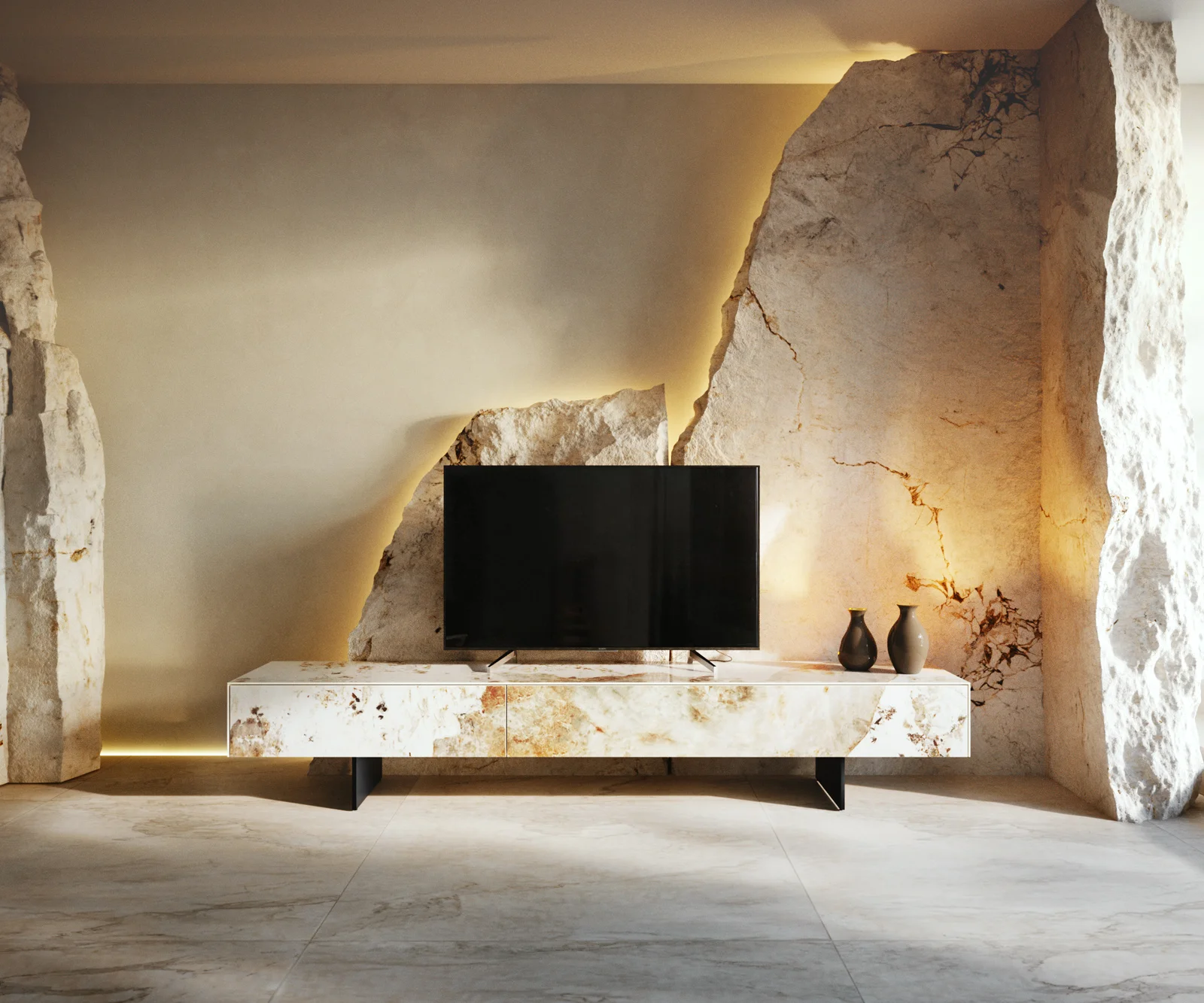 TV stolek Cuor 200 cm keramika Minas Melange bílá béžová 1 výklopná dvířka 1 zásuvka podnož závěsná kov černá