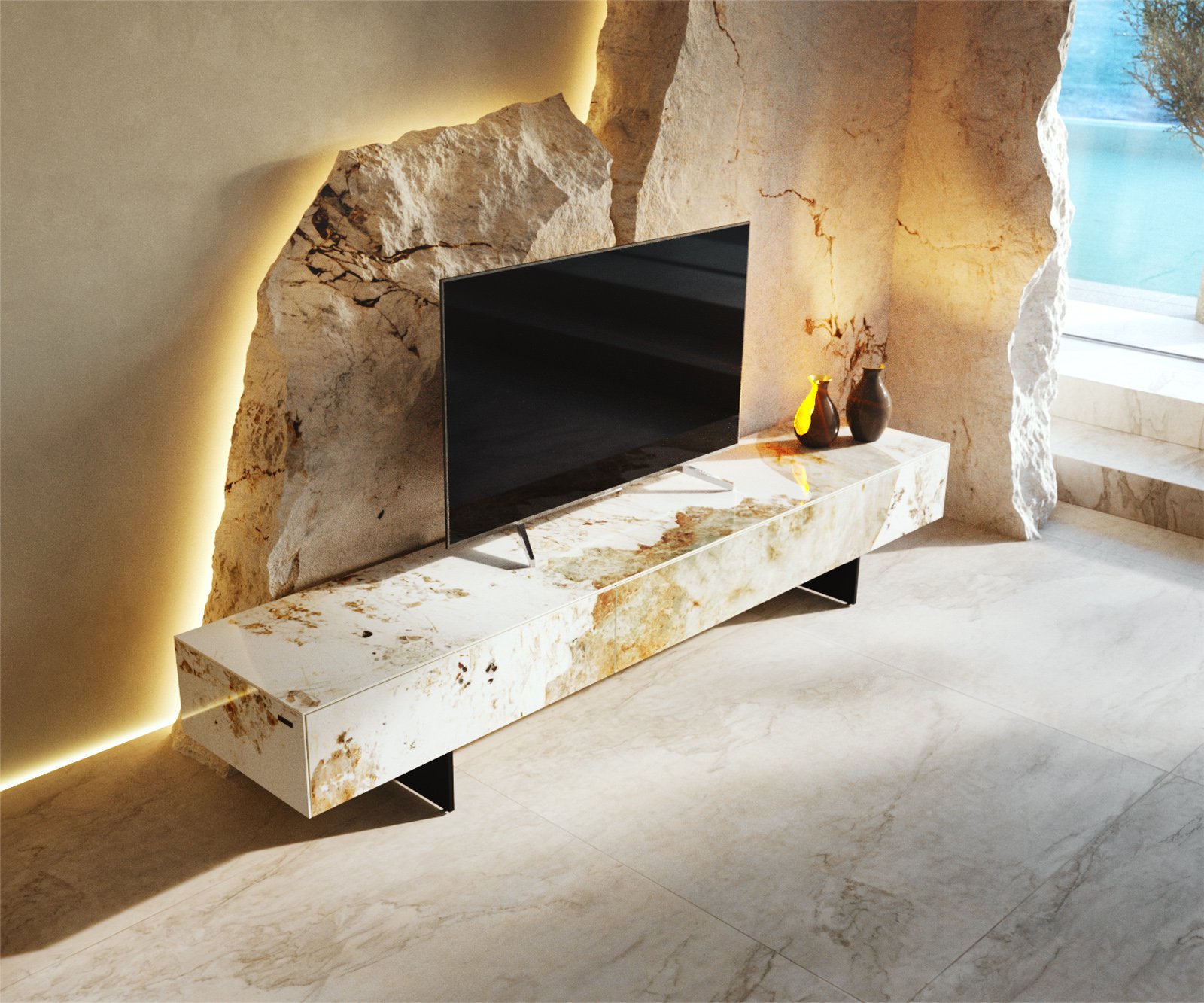 TV stolek Cuor 200 cm keramika Minas Melange bílá béžová 1 výklopná dvířka 1 zásuvka podnož závěsná kov černá - Obrázek 4