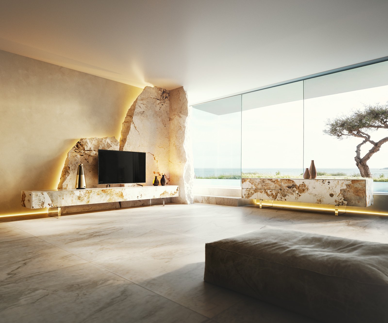 TV stolek Cuor 200 cm keramika Minas Melange bílá béžová 1 výklopná dvířka 1 zásuvka podnož závěsná kov černá - Obrázek 8