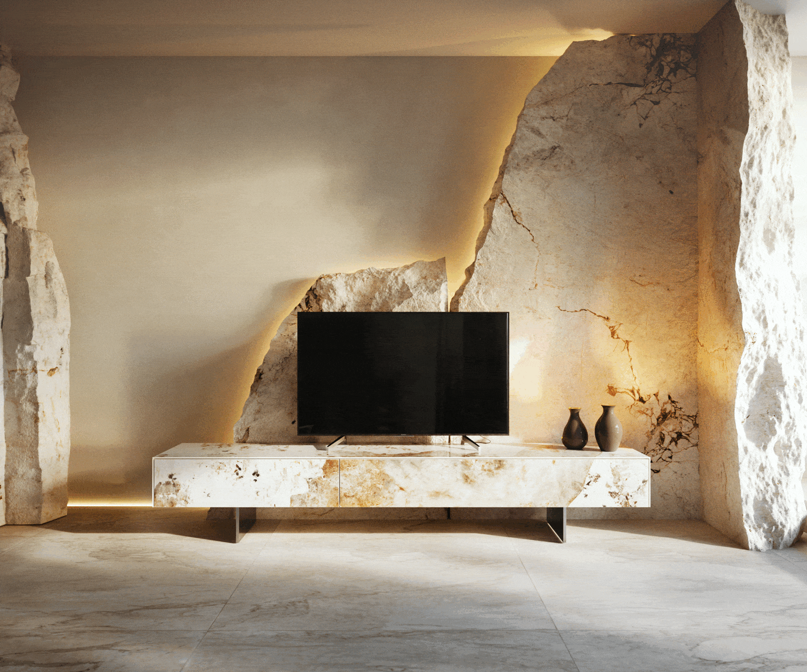 TV stolek Cuor 200 cm keramika Minas Melange bílá béžová 1 výklopná dvířka 1 zásuvka podnož závěsná nerezová ocel - Obrázek 6