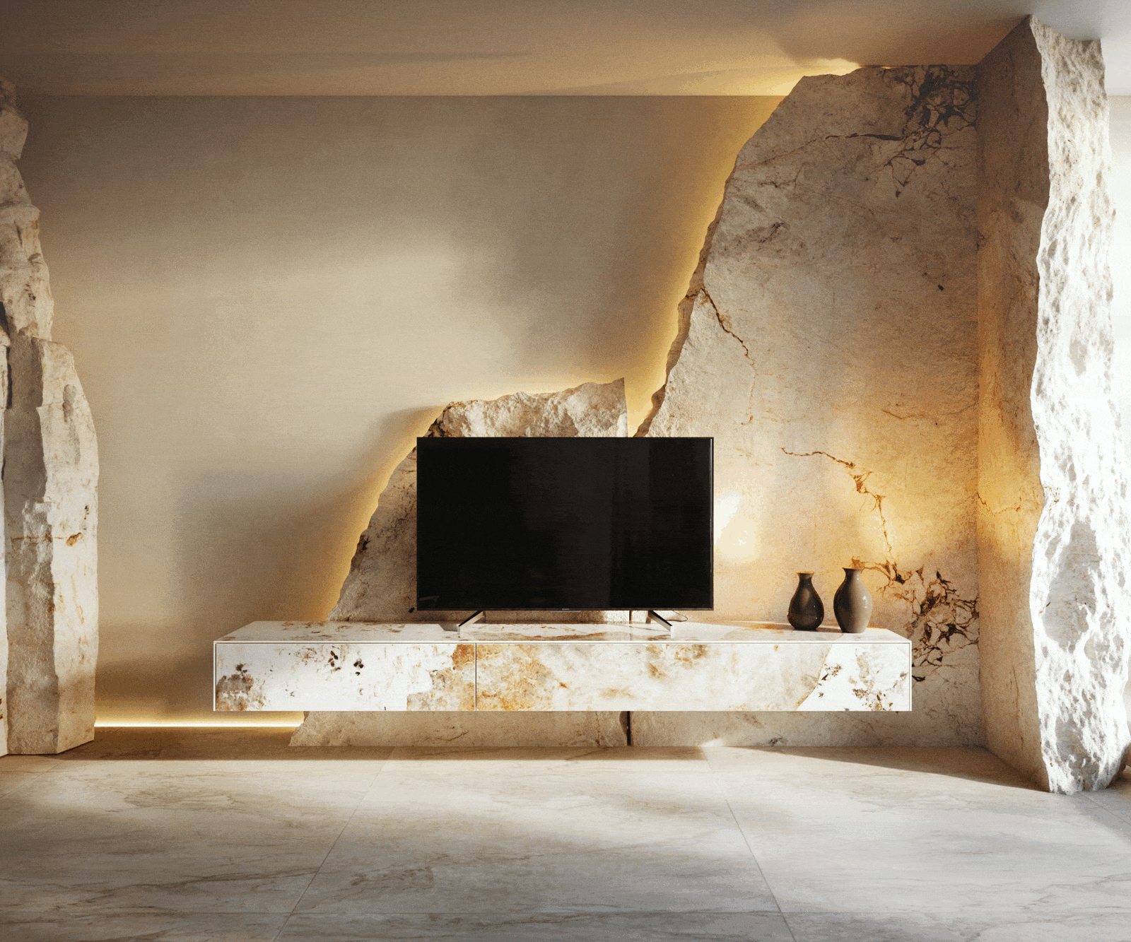 TV stolek Cuor 200 cm keramika Minas Melange bílá béžová 1 výklopná dvířka 1 zásuvka závěsný - Obrázek 6