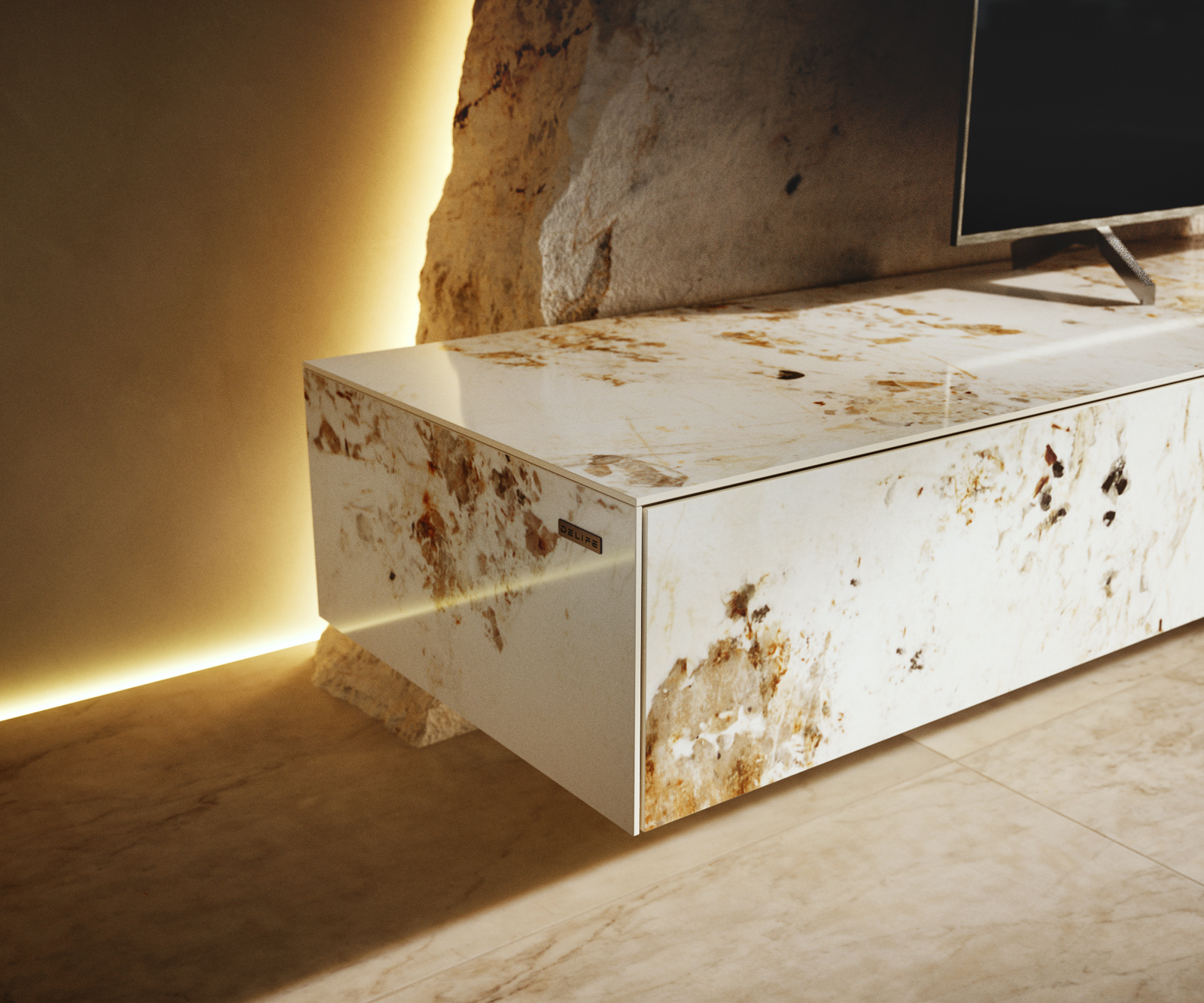 TV stolek Cuor 200 cm keramika Minas Melange bílá béžová 1 výklopná dvířka 1 zásuvka závěsný - Obrázek 7