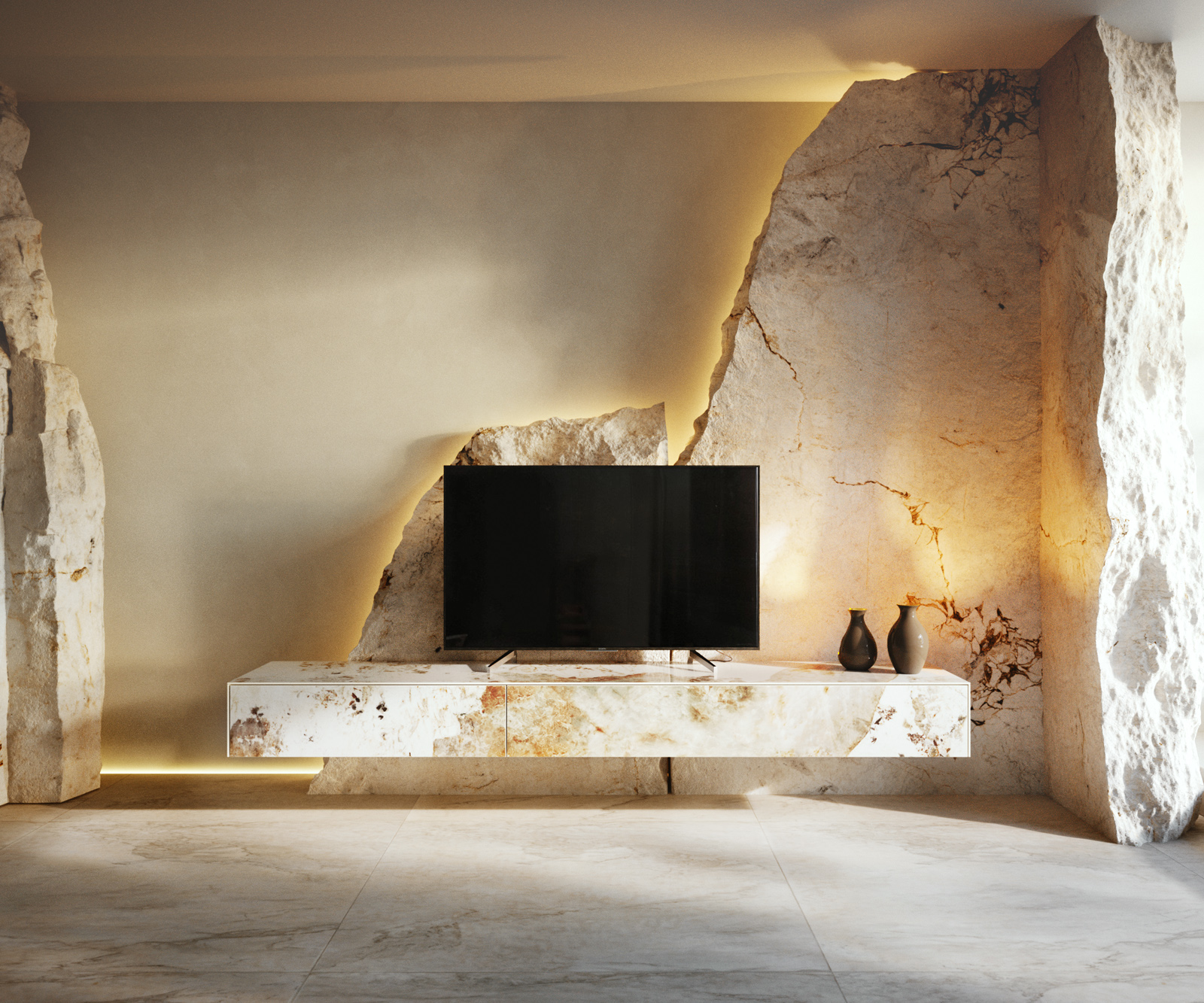 TV stolek Cuor 200 cm keramika Minas Melange bílá béžová 1 výklopná dvířka 1 zásuvka závěsný