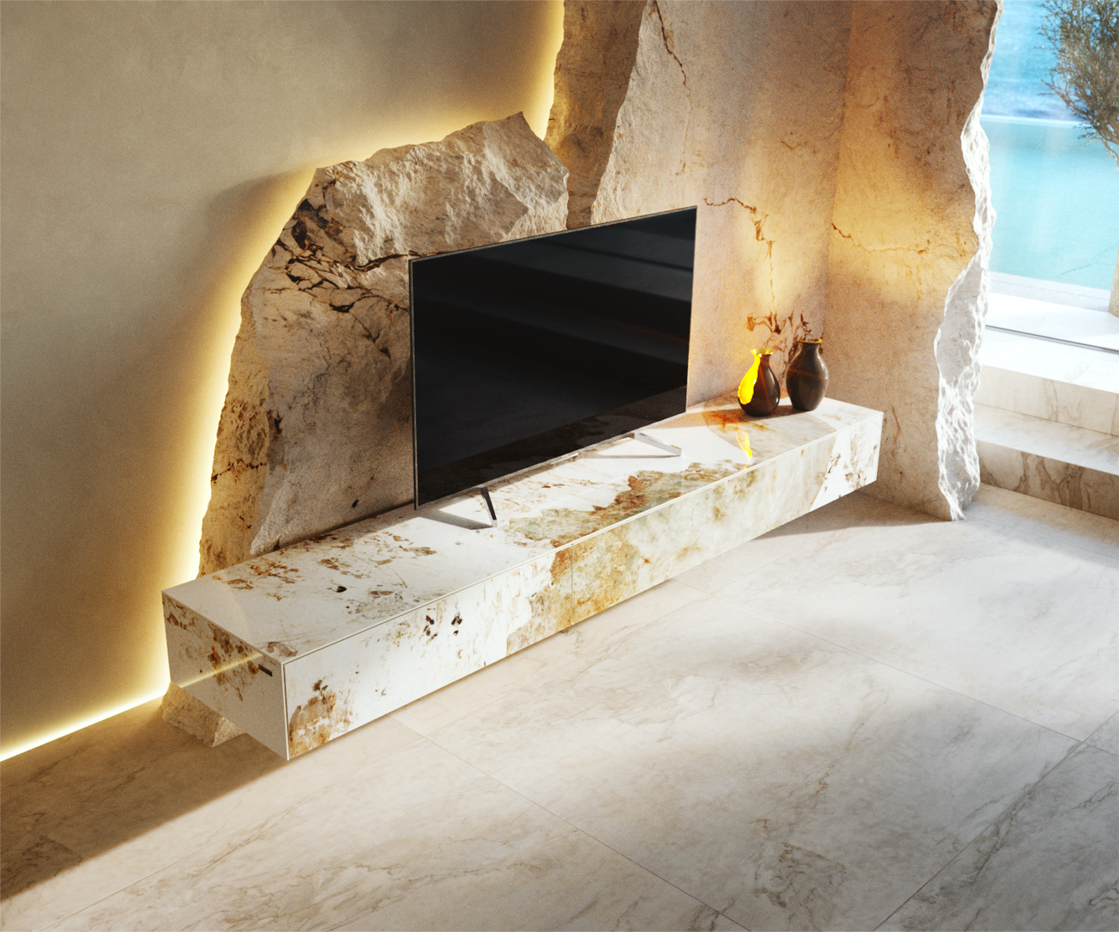 TV stolek Cuor 200 cm keramika Minas Melange bílá béžová 1 výklopná dvířka 1 zásuvka závěsný - Obrázek 4