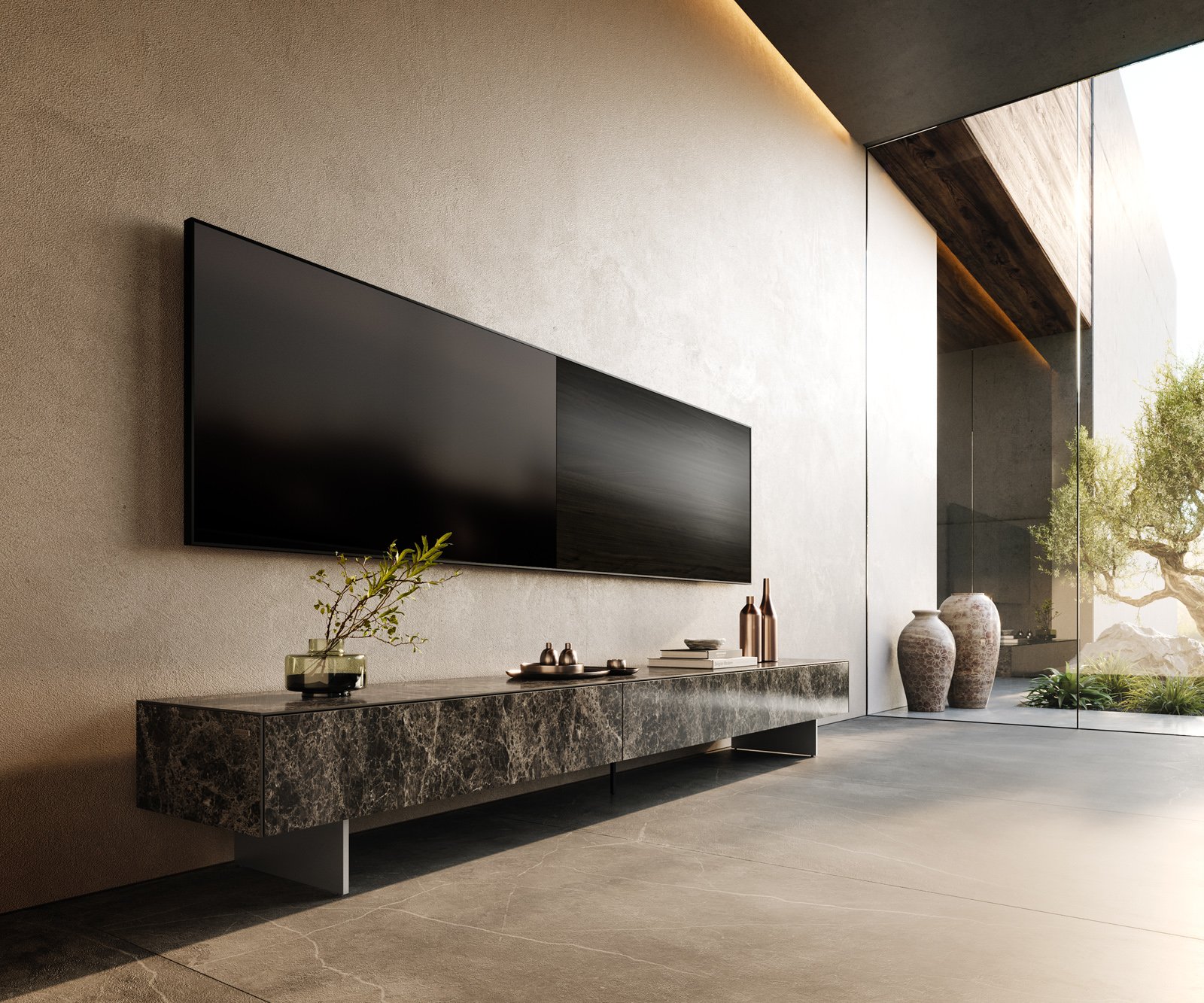 TV stolek Cuor 250 cm keramika Laminam® Emperador Extra Lucidato tmavě hnědá 1 výklopná dvířka 1 zásuvka podnož závěsná nerezová ocel