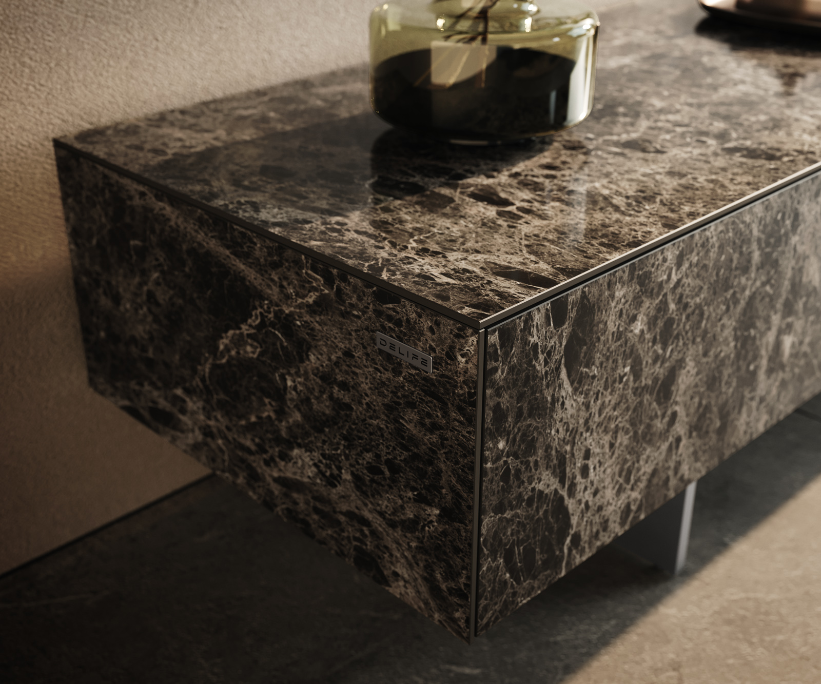 TV stolek Cuor 250 cm keramika Laminam® Emperador Extra Lucidato tmavě hnědá 1 výklopná dvířka 1 zásuvka podnož závěsná nerezová ocel - Obrázek 6