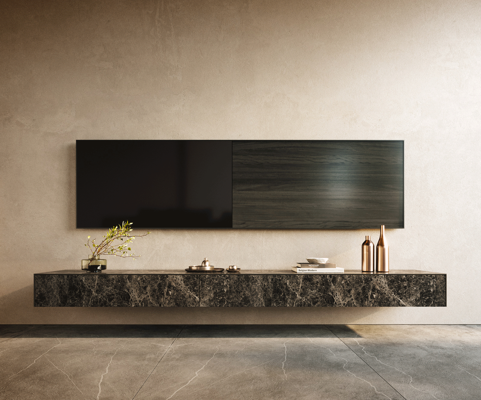 TV stolek Cuor 250 cm keramika Emperador Extra Lucidato tmavě hnědá 1 výklopná dvířka 1 zásuvka závěsný - Obrázek 2