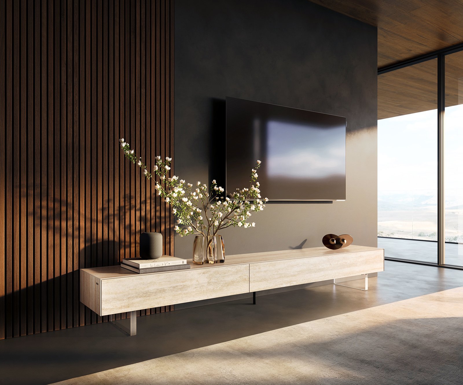 TV stolek Cuor 250 cm keramika Laminam® Travertino Bianco krémově bílá 1 výklopná dvířka 1 zásuvka podnož závěsná akrylglas