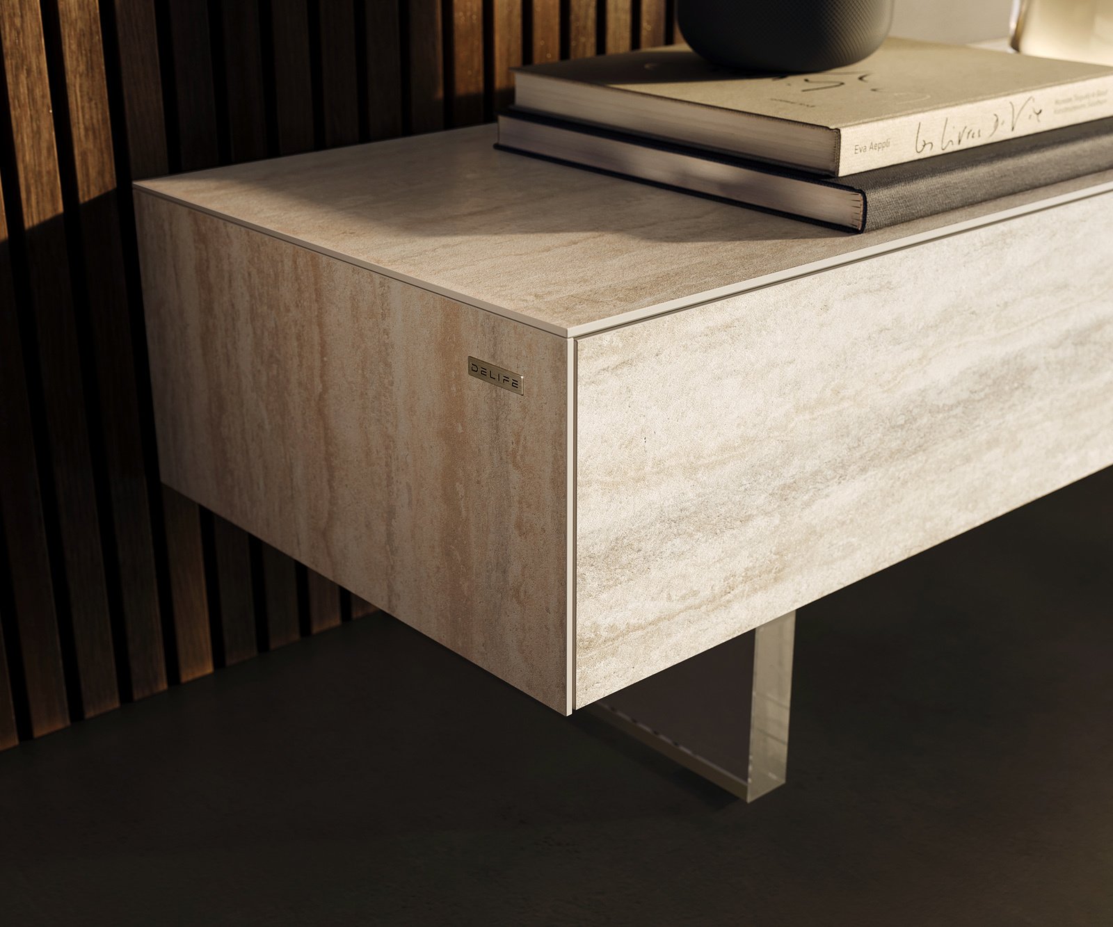 TV stolek Cuor 250 cm keramika Laminam® Travertino Bianco krémově bílá 1 výklopná dvířka 1 zásuvka podnož závěsná akrylglas - Obrázek 6