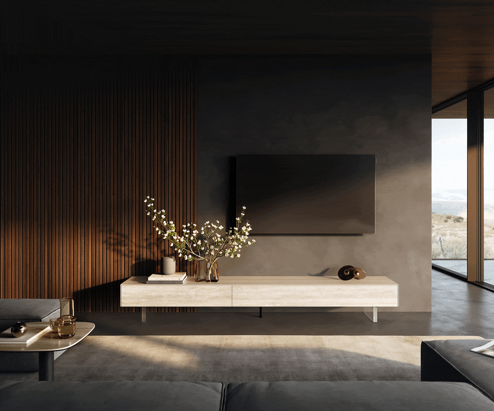 TV stolek Cuor 250 cm keramika Laminam® Travertino Bianco krémově bílá 1 výklopná dvířka 1 zásuvka podnož závěsná akrylglas - Obrázek 2