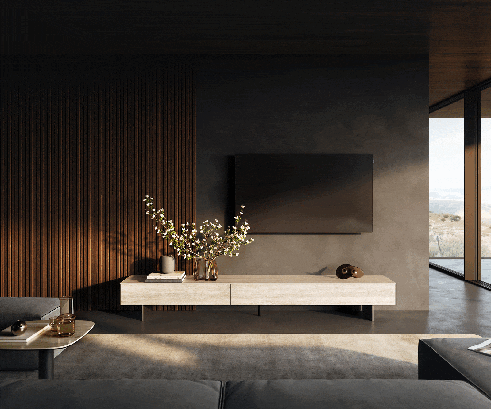 TV stolek Cuor 250 cm keramika Laminam® Travertino Bianco krémově bílá 1 výklopná dvířka 1 zásuvka podnož závěsná nerezová ocel - Obrázek 2