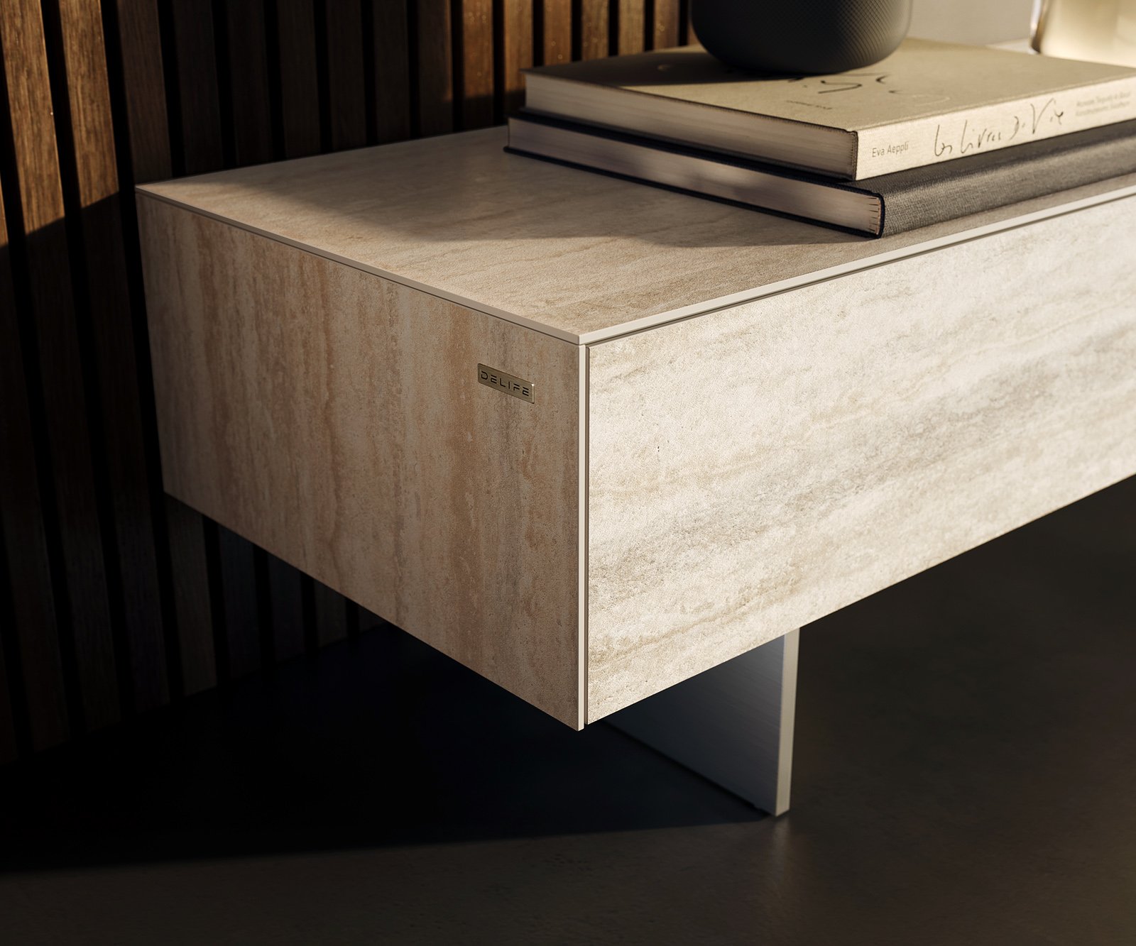 TV stolek Cuor 250 cm keramika Laminam® Travertino Bianco krémově bílá 1 výklopná dvířka 1 zásuvka podnož závěsná nerezová ocel - Obrázek 6