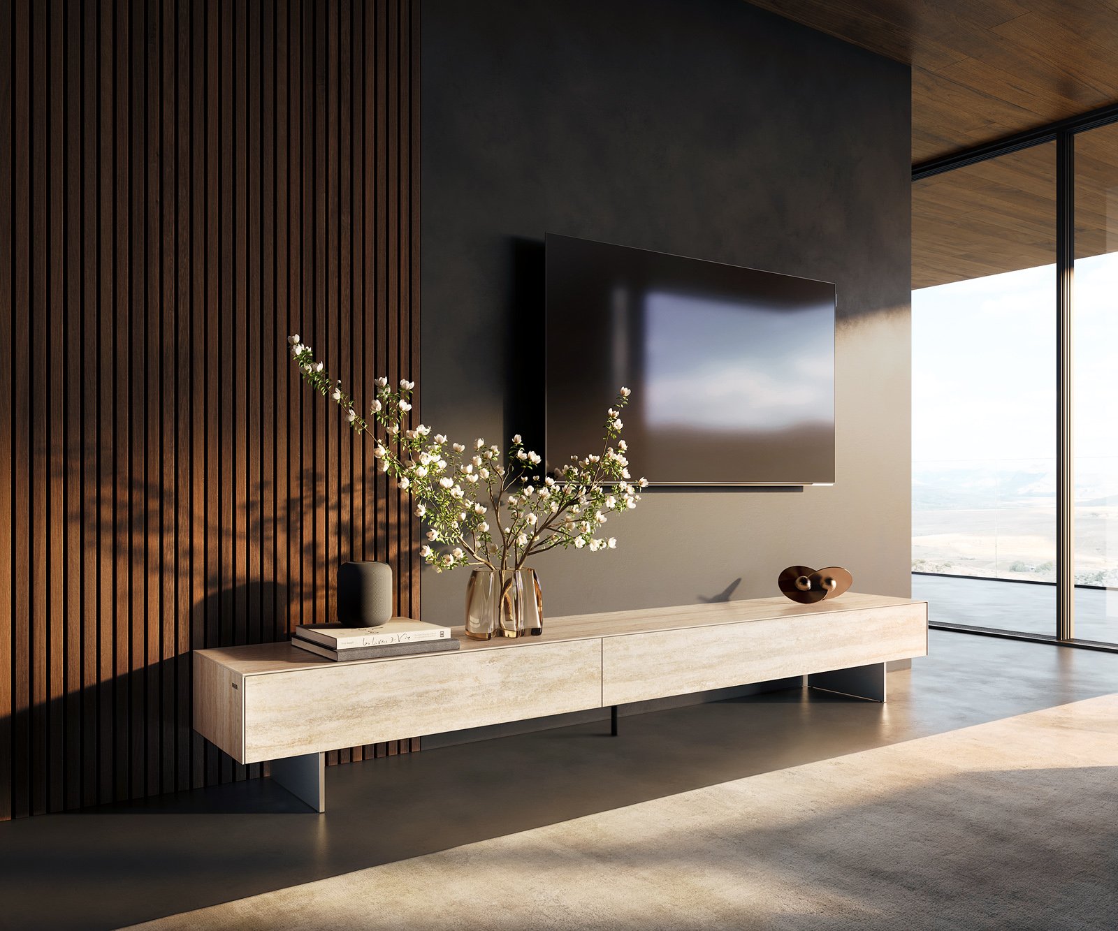 TV stolek Cuor 250 cm keramika Laminam® Travertino Bianco krémově bílá 1 výklopná dvířka 1 zásuvka podnož závěsná nerezová ocel