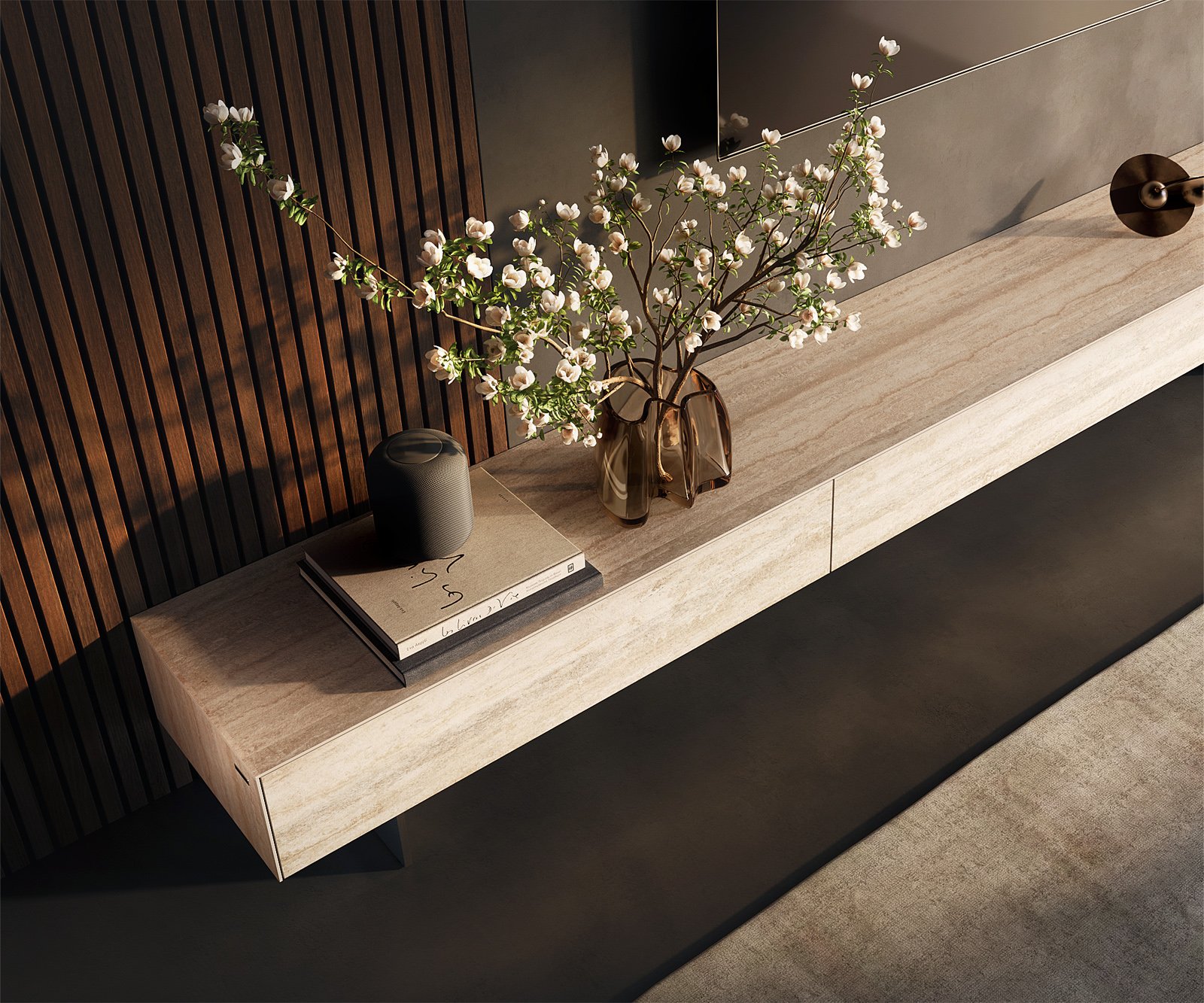 TV stolek Cuor 250 cm keramika Laminam® Travertino Bianco krémově bílá 1 výklopná dvířka 1 zásuvka podnož závěsná nerezová ocel - Obrázek 4