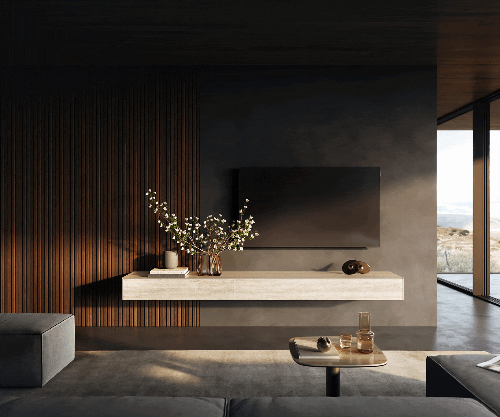 TV stolek Cuor 250 cm keramika Laminam® Travertino Bianco krémově bílá 1 výklopná dvířka 1 zásuvka závěsný - Obrázek 2