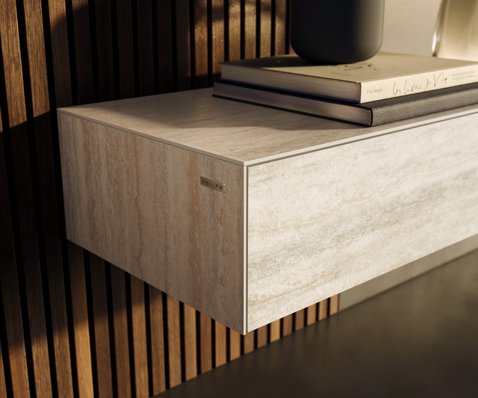 TV stolek Cuor 250 cm keramika Laminam® Travertino Bianco krémově bílá 1 výklopná dvířka 1 zásuvka závěsný - Obrázek 6