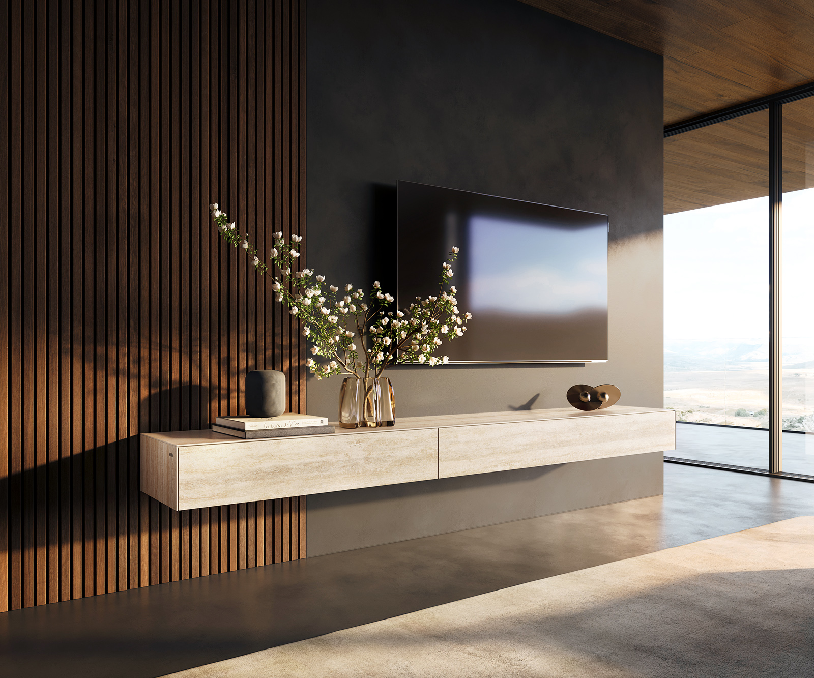 TV stolek Cuor 250 cm keramika Laminam® Travertino Bianco krémově bílá 1 výklopná dvířka 1 zásuvka závěsný