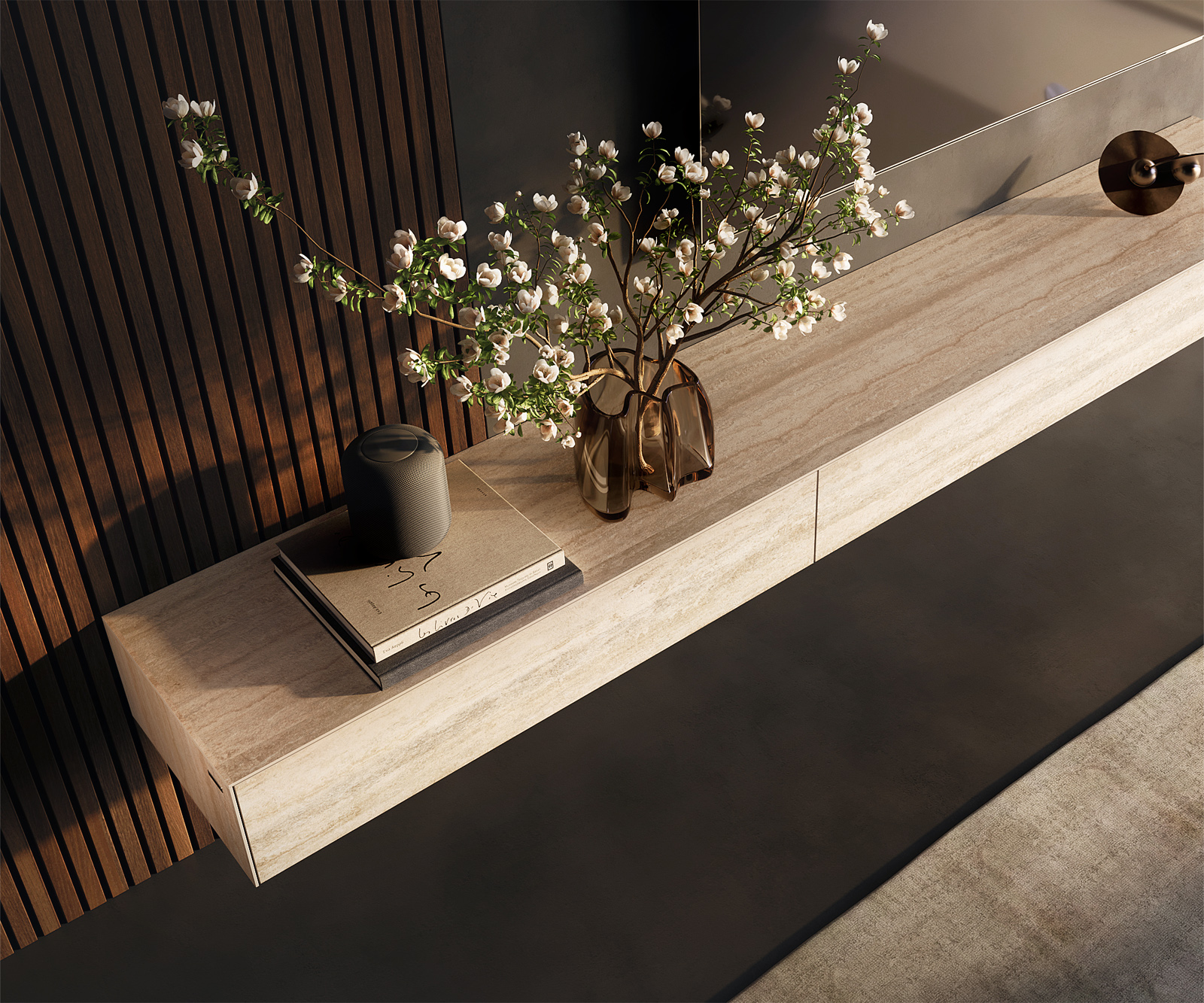 TV stolek Cuor 250 cm keramika Laminam® Travertino Bianco krémově bílá 1 výklopná dvířka 1 zásuvka závěsný - Obrázek 4