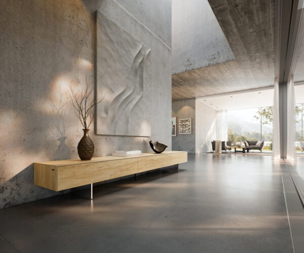 TV stolek Cuor 250 cm keramika Laminam® Sabbia dubová 1 výklopná dvířka 1 zásuvka podnož závěsná nerezová ocel