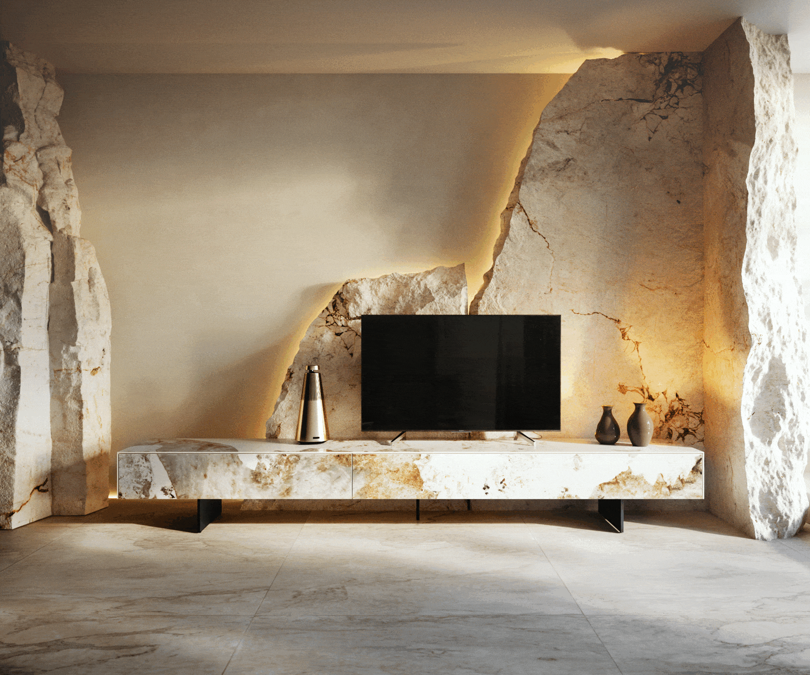 TV stolek Cuor 250 cm keramika Minas Melange bílá béžová 1 výklopná dvířka 1 zásuvka podnož závěsná kov černá - Obrázek 6