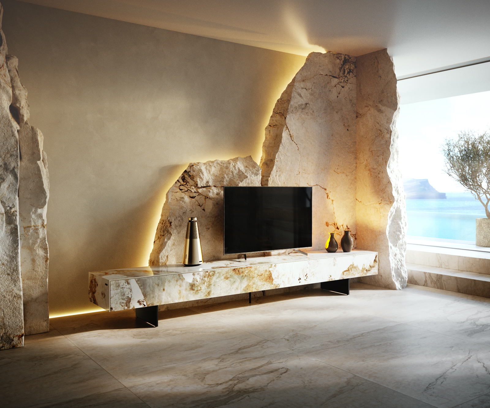 TV stolek Cuor 250 cm keramika Minas Melange bílá béžová 1 výklopná dvířka 1 zásuvka podnož závěsná kov černá - Obrázek 2