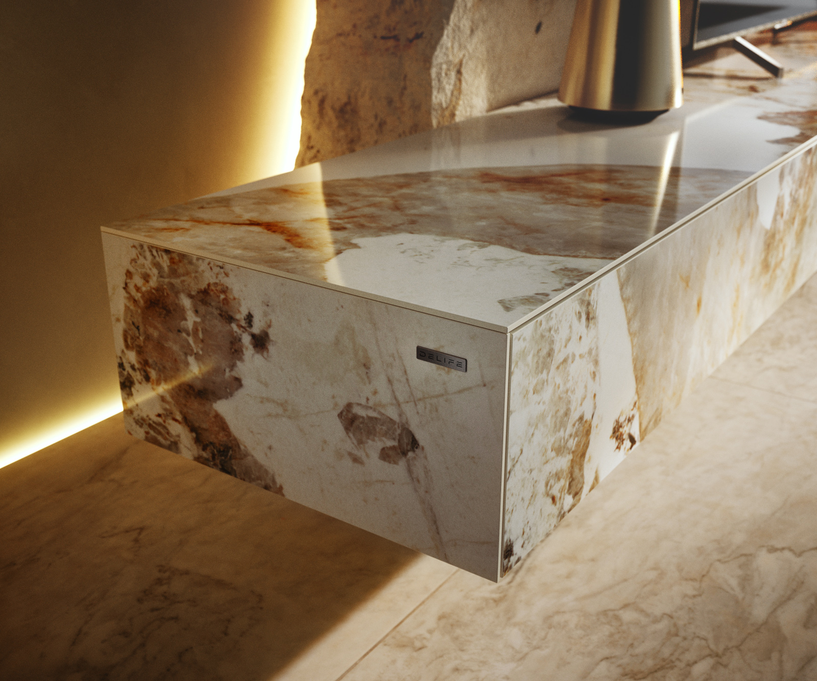 TV stolek Cuor 250 cm keramika Minas Melange bílá béžová 1 výklopná dvířka 1 zásuvka podnož závěsná kov černá - Obrázek 7