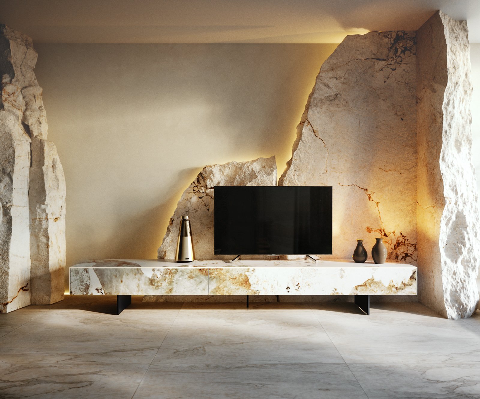 TV stolek Cuor 250 cm keramika Minas Melange bílá béžová 1 výklopná dvířka 1 zásuvka podnož závěsná kov černá