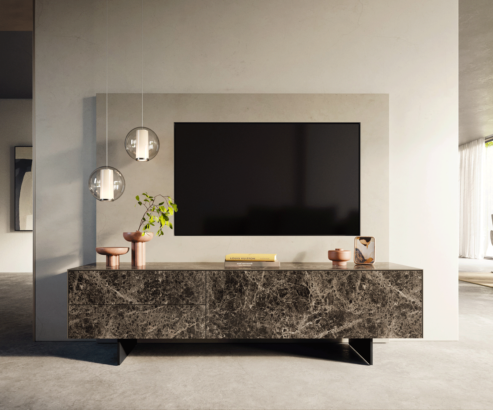 TV stolek Cuor 180 cm keramika Laminam® Emperador Extra Lucidato tmavě hnědá 1 výklopná dvířka 2 zásuvky podnož závěsná kov černá - Obrázek 2