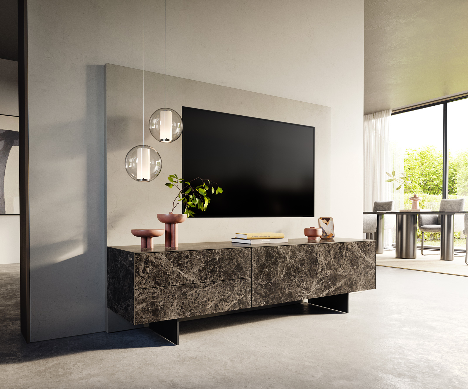 TV stolek Cuor 180 cm keramika Laminam® Emperador Extra Lucidato tmavě hnědá 1 výklopná dvířka 2 zásuvky podnož závěsná kov černá