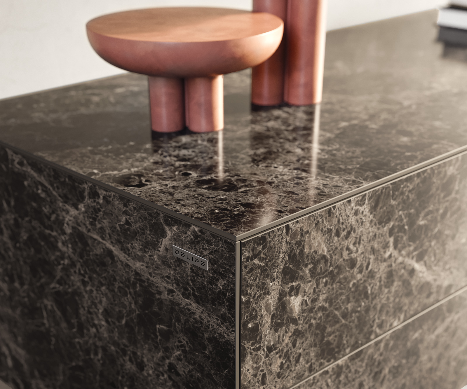 TV stolek Cuor 180 cm keramika Laminam® Emperador Extra Lucidato tmavě hnědá 1 výklopná dvířka 2 zásuvky podnož závěsná kov černá - Obrázek 6