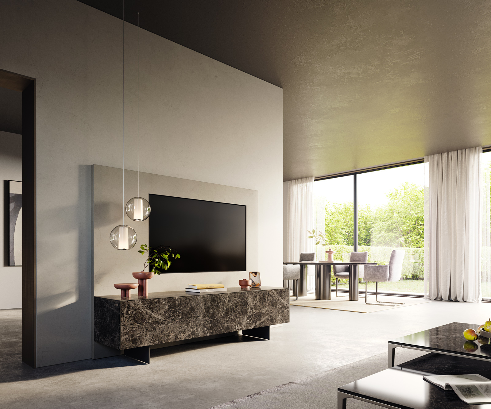 TV stolek Cuor 180 cm keramika Laminam® Emperador Extra Lucidato tmavě hnědá 1 výklopná dvířka 2 zásuvky podnož závěsná kov černá - Obrázek 7