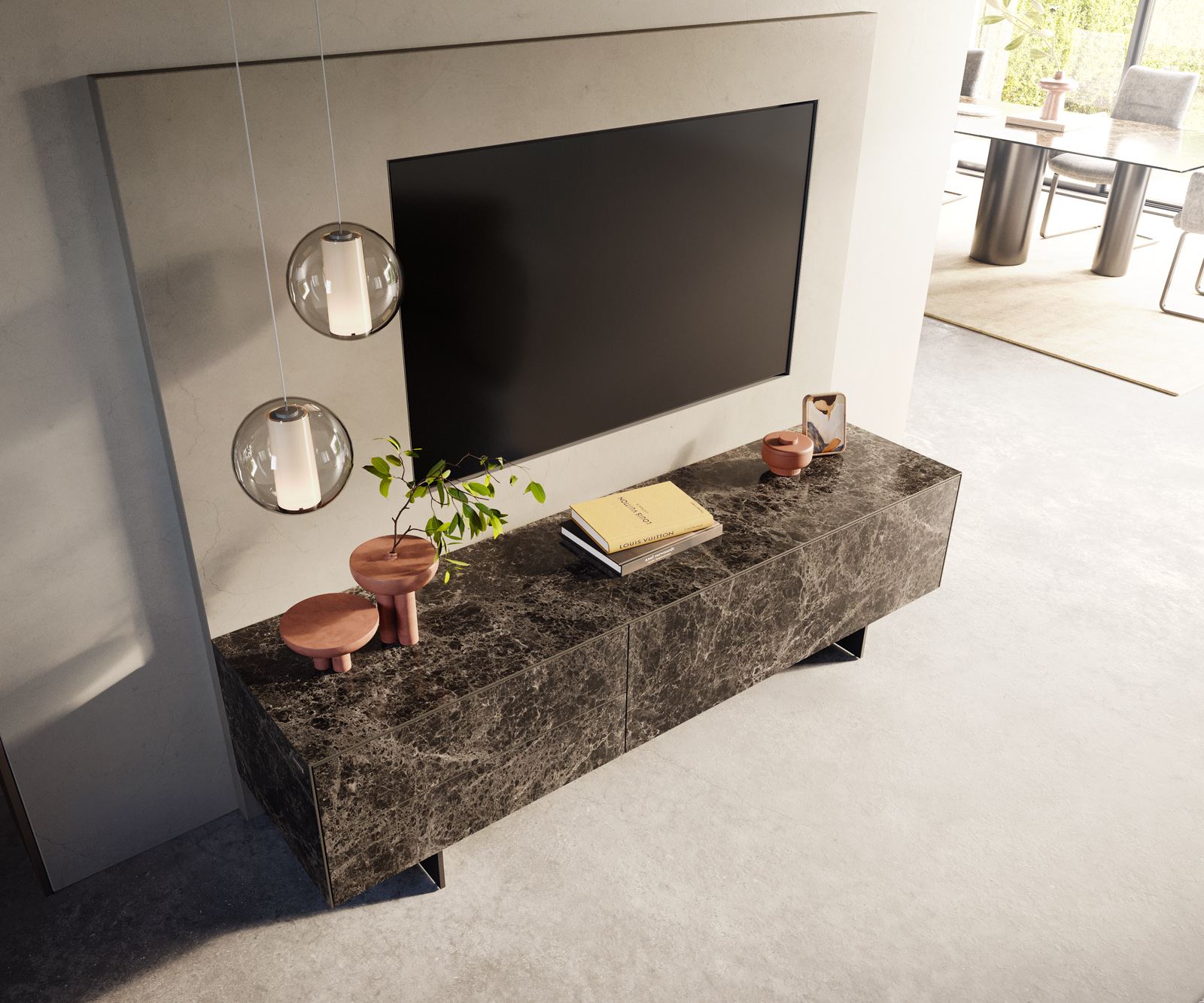 TV stolek Cuor 180 cm keramika Laminam® Emperador Extra Lucidato tmavě hnědá 1 výklopná dvířka 2 zásuvky podnož závěsná kov černá - Obrázek 4