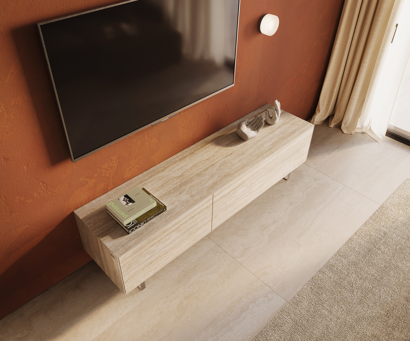 TV stolek Cuor 180 cm keramika Laminam® Travertino Bianco krémově bílá 1 výklopná dvířka 2 zásuvky podnož závěsná akrylglas - Obrázek 4