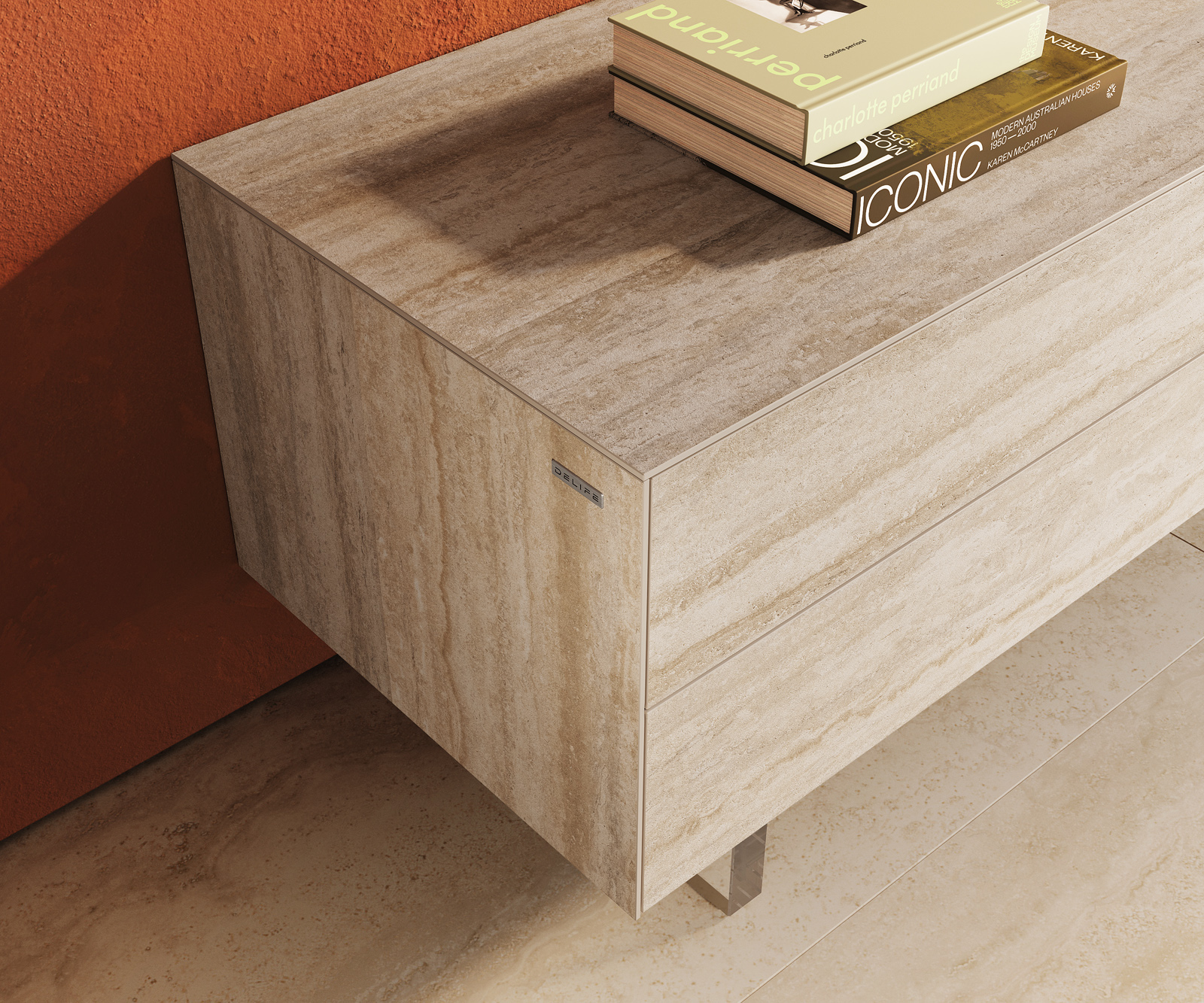 TV stolek Cuor 180 cm keramika Laminam® Travertino Bianco krémově bílá 1 výklopná dvířka 2 zásuvky podnož závěsná akrylglas - Obrázek 6