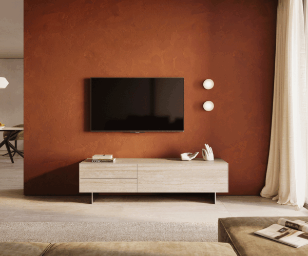 TV stolek Cuor 180 cm keramika Laminam® Travertino Bianco krémově bílá 1 výklopná dvířka 2 zásuvky podnož závěsná nerezová ocel - Obrázek 2